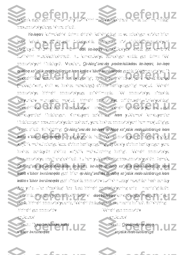 ishtirok   etgan   gapning   mazmuniy   tuzilishini   murakkablashtiradi   hamda   turli   ma’nodagi
presuppozitsiyalarga ishora qiladi. 
Tashqari   ko‘makchisi   doimo   chiqish   kelishigidagi   ot   va   otlashgan   so‘zlar   bilan
birga   keladi   va   to‘ldiruvchi   funksiyasida   qo‘llanilib,   o‘zi   alohida   propozitsiyani
ifodalaydi.   Shuning   uchun   ham   –dan   tashqari   konstruktsiyasi   sodda   gap   semantik
tuzilishini   murakkablashtiradi.   Bu   konstruksiya   qatnashgan   sodda   gap   doimo   ikki
propozitsiyani   ifodalaydi.   Masalan,   Qishlog ‘ imizda   paxtachilikdan   tashqari,   boshqa
qishloq xo ‘ jalik mahsulotlariga ham katta e’tibor berilmoqda  gapida ikki propozitsiya: 1)
paxtachilikka   katta   e’tibor   berilayotganligi;   2)   boshqa   qishloq   xo‘jalik   mahsulotlariga
(makkajo‘xori,   sholi   va   boshqa   narsalarga)   e’tibor   berilayotganligi   mavjud.   Ikkinchi
propozitsiya   birinchi   propozitsiyaga   qo‘shilmoqda.   Ikki   propozitsiya   o‘rtasida
konyunktiv   munosabat   mavjud.   Birinchi   propozitsiya   to‘ldiruvchi   funksiyasidagi
paxtachilikdan   tashqari   konstruktsiyasi   orqali,   ikkinchi   propozitsiya   esa   gap
konstuyentlari   ifodalangan.   Konstuyent   tarkibidagi   ham   yuklamasi   konstuyentlar
ifodalatotgan presuppozitsiyadan tashqari, yana boshqa propozitsiyani ham mavjudligiga
ishora   qiladi.   Solishtiring:   Qishlog ‘ imizda   boshqa   qishloq   xo ‘ jalik   mahsulotlariga   ham
katta   e’tibor   berilmoqda   konstruksiyasida   ham   ikki   propozitsiya:   1)   boshqa   qishloq
xo‘jalik mahsulotlariga katta e’tibor berilayotganligi; 2) asosiy e’tibor berilayotgan yana
boshqa   qandaydir   qishloq   xo‘jalik   mahsulotining   borligi.   Ikkinchi   propozitsiya
presuppozitsiya orqali anglashiladi. Bu ham yuklamasining presuppozitsiyasidir. Demak,
Qishlog ‘ imizda   paxtachilikdan   tashqari,   boshqa   qishloq   xo ‘ jalik   mahsulotlariga   ham
katta e’tibor berilmoqda   gapi bilan   qishlog ‘ imizda qishloq xo’jalik mahsulotlariga ham
katta e’tibor berilmoqda  gapi o‘rtasida propozitiv tuzilish nuqtayi nazaridan hech qanday
farq   yo‘q.   Ular   o‘rtasidagi   farq   faqat   birinchi   propozitsiyaning   aniq   –   noaniqligidadir.
Tarkibida propozitsiyani reallashtiruvchisi   –dan tashqari   konstruksiyasi mavjud bo‘lgan
gapda birinchi propozitsiya aniq, ikkinchi tipdagi gapda esa noaniq bo‘ladi. Solishtiring: 
Birinchi gap propozitiv                                          Ikkinchi gap propozitiv 
strukturasi                                                                      strukturasi 
Presup.: 1)  paxtachilikka katta                                     Presup.:  Qandaydir qishloq 
e’tibor berilmoqda                                                              xojalik mahsulotlariga  