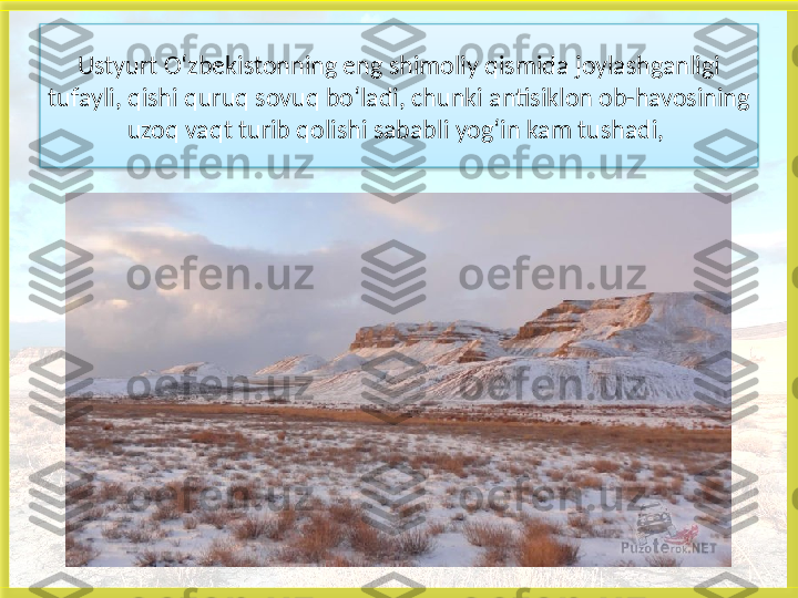 Ustyurt O‘zbekistonning eng shimoliy qismida joylashganligi 
tufayli, qishi quruq sovuq bo‘ladi, chunki antisiklon ob-havosining 
uzoq vaqt turib qolishi sababli yog‘in kam tushadi, 
    