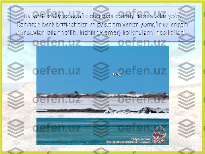 Ustyurt tabiiy geografik okrugida doimiy oqar suvlar yo‘q. 
Bahorda berk botiqchalar va pastqam yerlar yomg‘ir va  erigan 
qor suvlari bilan to‘lib, kichik (efemer) ko‘lchalarni hosil qiladi. 
    