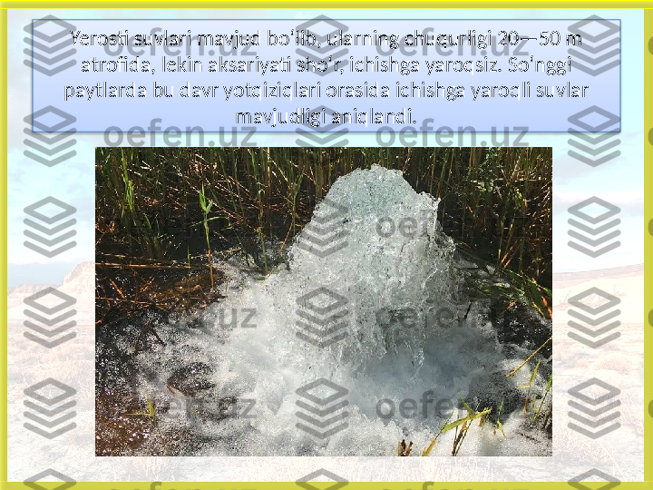 Yerosti suvlari mavjud bo‘lib, ularning chuqurligi 20—50 m 
atrofida, lekin aksariyati sho‘r, ichishga yaroqsiz. So‘nggi 
paytlarda bu davr yotqiziqlari orasida ichishga yaroqli suvlar 
mavjudligi aniqlandi.
    