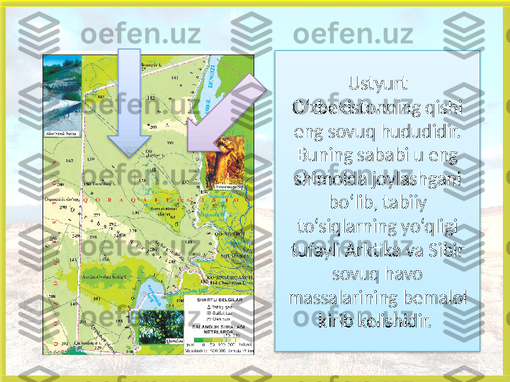 Ustyurt
O‘zbekistonning qishi 
eng sovuq hududidir. 
Buning sababi u eng
shimolda joylashgani 
bo‘lib, tabiiy 
to‘siqlarning yo‘qligi 
tufayli Arktika va Sibir 
sovuq havo 
massalarining bemalol 
kirib kelishidir.      