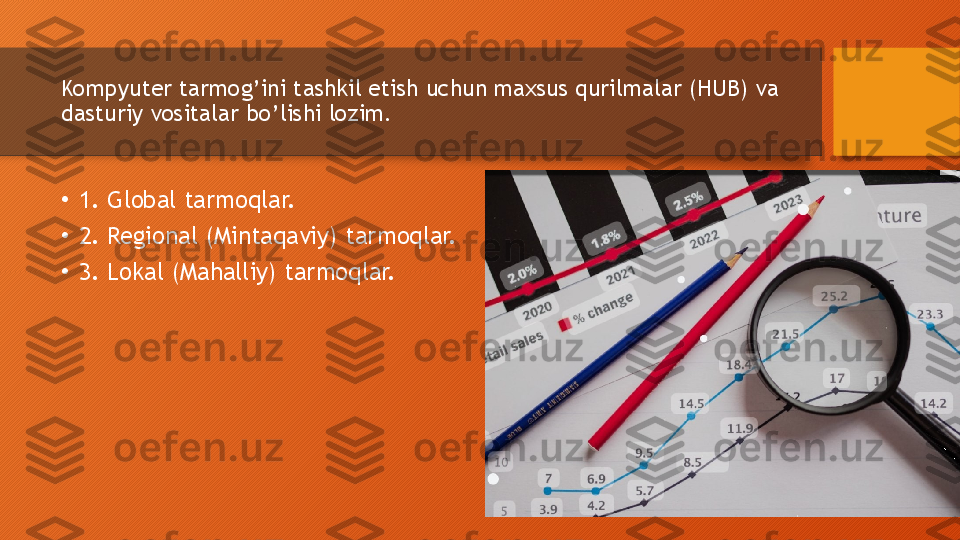 Kompyuter tarmog’ini tashkil etish uchun maxsus qurilmalar (HUB) va 
dasturiy vositalar bo’lishi lozim.
•
1. Global tarmoqlar.
•
2. Regional (Mintaqaviy) tarmoqlar.
•
3. Lokal (Mahalliy) tarmoqlar.  