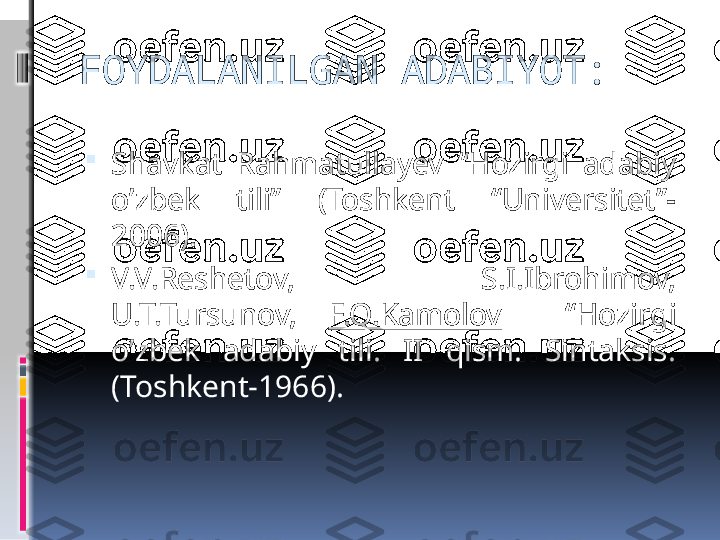 FOYDALANILGAN ADABIYOT:

Shavkat  Rahmatullayev  “Hozirgi  adabiy 
o’zbek  tili”  (Toshkent  “Universitet”-
2006).

V.V.Reshetov,  S.I.Ibrohimov, 
U.T.Tursunov,  F.Q.Kamolov     “Hozirgi 
o’zbek  adabiy  tili.  II  qism.  Sintaksis. 
(Toshkent-1966). 