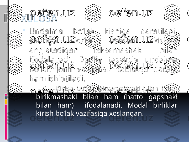 XULOSA

Undalma  bo’lak  kishiga  qaratiladi, 
shunga  ko’ra  asosan  kishini 
anglatadigan  leksemashakl  bilan 
ifodalanadi.  Badiiy  tasvirda  undalma 
bo’lak  jonli  va  jonsiz  tabiatga  qarata 
ham ishlatiladi. 
  Kirish  bo’lak  leksemashakl  bilan  ham, 
birikmashakl  bilan  ham  (hatto  gapshakl 
bilan  ham)    ifodalanadi.  Modal  birliklar 
kirish bo’lak vazifasiga xoslangan.                    
                                                                                