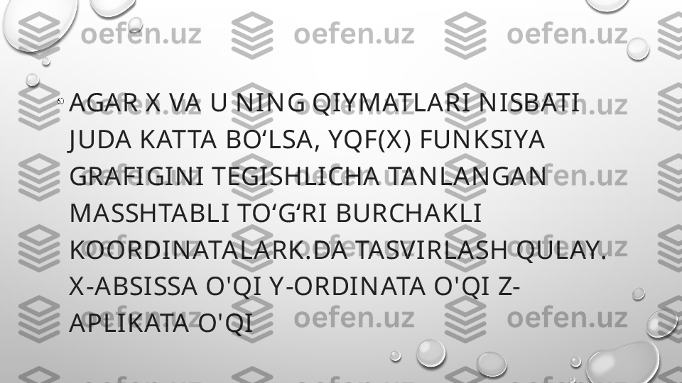 •
AGAR X  VA  U N I NG QI Y MATLARI  NI SBATI  
J UDA  KATTA BOʻLSA , YQF(X ) FUN KSIYA 
GRAFI GI NI  TEGI SHLICHA  TAN LAN GA N  
MASSHTABLI  TOʻGʻRI BURCHA KLI 
KOORDI NATA LARK.DA TA SVIRLASH QULAY. 
X -A BSI SSA O'QI  Y -ORDIN ATA O'QI  Z-
APLIKATA O'QI 