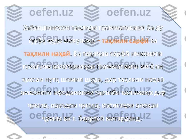 Забоншиносон таҳлили грамматикиро ба ду 
гурӯҳ ҷудо мекунанд  − таҳлили сарфӣ  ва 
таҳлили наҳвӣ . Ба таҳлили сарфӣ имконоти 
гуногуни категорияҳои грамматикии ин ё он 
ҳиссаи нутқ шомил шуда, дар таҳлили наҳвӣ 
имконоти ифоданокии тартиби калимаҳо дар 
ҷумла, навъҳои ҷумла, воситаҳои алоқаи 
ҷумла ва ғ. баррасӣ мегарданд.   