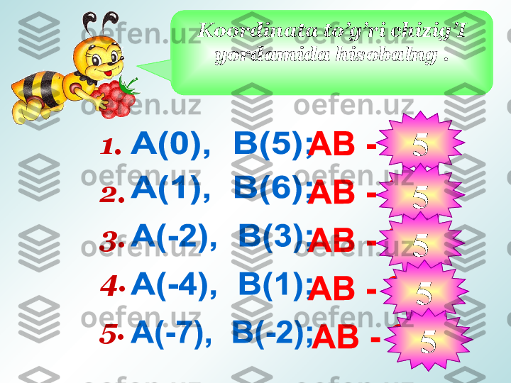 Koordinata to’g’ri chizig’I 
yordamida hisobalng  .
1.  
5
2.  
5
3.  
5
4.  
5
5.  
5 