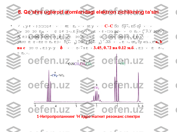 8. Qo‘shni uglerod atomlaridagi elektron zichlikning ta’siri
•
Индуктив эффектнинг катталиги ва унинг  C–C  боғ бўйлаб сўниши 
нитропропаннинг спектрида ўзининг аниқ ифодасини топади (12.7-расм). 
Агар ҳисоб боши сифатида пропаннинг тегишли протонларининг 
резонанс частоталари [ δ (CH
3 ) 0.91;  δ (CH
2 ) 1.33] ишлатилса, бу ҳолда  a, b 
ва c  протонлар учун       нинг қиймати  3.45, 0.72 ва 0.12 м.б . ларни ташкил 
этади. 
1 - Нитропропаннинг  1
H  ядро магнит резонанс спектри 