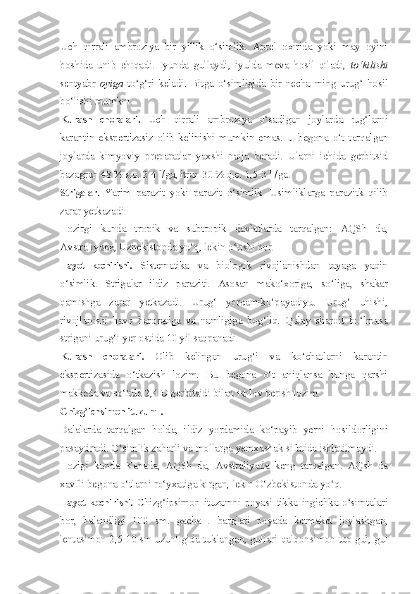 Uch   qirrali   ambroziya   bir   yillik   o‘simlik.   Aprel   oxirida   yoki   may   oyini
boshida   unib   chiqadi.   Iyunda   gullaydi,   iyulda   meva   hosil   qiladi,   to‘kilishi
sentyabr   oyiga   to‘g‘ri   keladi.   Bitga   o‘simligida   bir   necha   ming   urug‘   hosil
bo‘lishi mumkin.
Kurash   choralari.   Uch   qirrali   ambroziya   o‘sadigan   joylarda   rug‘larni
karantin   ekspertizasiz   olib   kelinishi   mumkin   emas.   u   begona   o‘t   tarqalgan
joylarda   kimyoviy   preparatlar   yaxshi   naija   beradi.   Ularni   ichida   gerbitsid
bazagran 48 % s.o. 2-4 l/ga, itran 30 % q.e. 1,5-3 l /ga.
Strigalar.   Yarim   parazit   yoki   parazit   o‘simlik.   Usimliklarga   parazitk   qilib
zarar yetkazadi.
Hozirgi   kunda   tropik   va   subtropik   davlatlarda   tarqalgan:   AQSh   da,
Avstraliyada, Uzbekistonda yo‘q, lekin o‘tishi bor.
Hayot   kechirishi.   Sistematika   va   biologik   rivojlanishdan   tayaga   yaqin
o‘simlik.   Strigalar   ildiz   paraziti.   Asosan   mako‘xoriga,   so‘liga,   shakar
qamishga   zarar   yetkazadi.   Urug‘   yordamiko‘payadiyu.   Urug‘   unishi,
rivojlanishi   havo   haroratiga   va   namligiga   bog‘liq.   Qulay   sharoit   bo‘lmasa
strigani urug‘i yer ostida 10 yil saqpanadi.
Kurash   choralari.   Olib   kelingan   urug‘i   va   ko‘chatlarni   karantin
ekspertizasida   o‘tkazish   lozim.   Bu   begona   o‘t   aniqlansa   bunga   qarshi
makkada va so‘lida 2,4 D gerbitsidi bilan ishlov berish lozim.
Chizg‘ichsimon ituzum-.
Dalalarda   tarqalgan   holda,   ildiz   yordamida   ko‘payib   yerni   hosildorligini
pasaytiradi. O‘simlik zaharli va mollarga yemxashak sifatida ishlatilmaydi.
Hozigi   kunda   Kanada,   AQSh   da,   Avstraliyada   keng   tarqalgan.   AQsh   da
xavfli begona o‘tlarni ro‘yxatiga kirgan, lekin O‘zbekistonda yo‘q.
Hayot kechirishi.   Chizg‘ipsimon   ituzamni   poyasi   tikka   ingichka   o‘simtalari
bor,   balandligi   100   sm.   gacha   .   barglari   poyada   ketmaket   joylashgan,
lentasimon 2,5-10 sm uzunligida tuklangan, gullari qalqonsimon tup gul, gul 