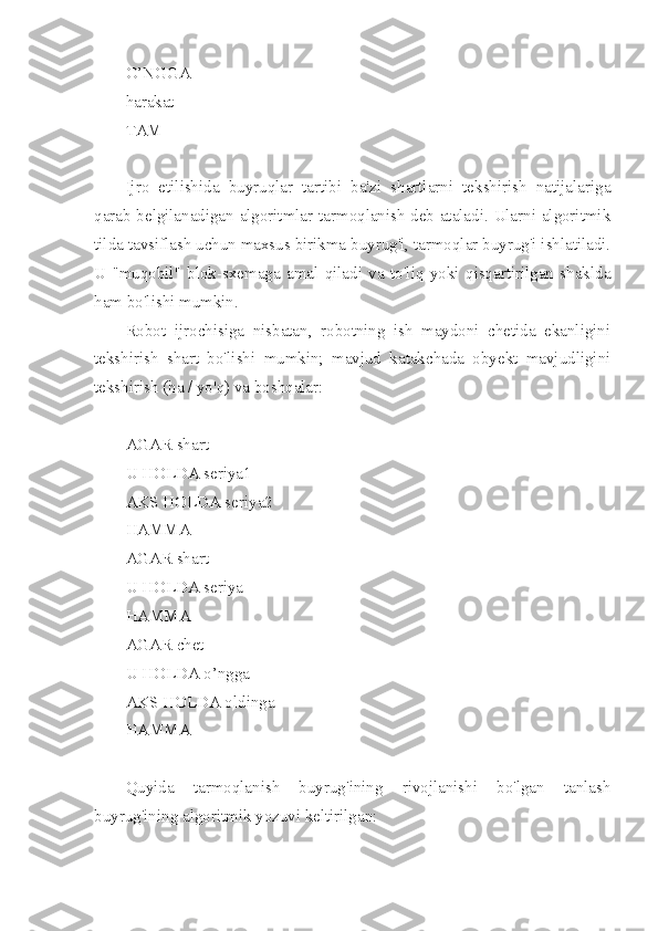 O’NGGA
harakat 
TAM
Ijro   etilishida   buyruqlar   tartibi   ba'zi   shartlarni   tekshirish   natijalariga
qarab belgilanadigan algoritmlar tarmoqlanish deb ataladi. Ularni algoritmik
tilda tavsiflash uchun maxsus birikma buyrug'i, tarmoqlar buyrug'i ishlatiladi.
U   "muqobil"   blok-sxemaga   amal   qiladi   va   to'liq   yoki   qisqartirilgan   shaklda
ham bo'lishi mumkin.
Robot   ijrochisiga   nisbatan,   robotning   ish   maydoni   chetida   ekanligini
tekshirish   shart   bo'lishi   mumkin;   mavjud   katakchada   obyekt   mavjudligini
tekshirish (ha / yo'q) va boshqalar:
AGAR shart
U HOLDA seriya1
AKS HOLDA seriya2
HAMMA
AGAR shart
U HOLDA seriya
HAMMA
AGAR chet
U HOLDA o’ngga
AKS HOLDA oldinga
HAMMA
Quyida   tarmoqlanish   buyrug'ining   rivojlanishi   bo'lgan   tanlash
buyrug'ining algoritmik yozuvi keltirilgan: 