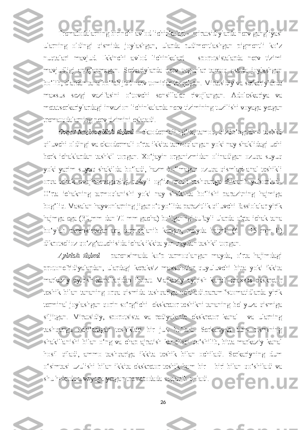 Trematodalarning birinchi avlod lichinkalari – miratsidiylarda nerv gangliyasi
ularning   oldingi   qismida   joylashgan,   ularda   rudimentlashgan   pigmentli   ko‘z
nuqtalari   mavjud.   Ikkinchi   avlod   lichinkalari   –   sporotsistalarda   nerv   tizimi
mavjudligi   aniqlanmagan.   Serkariylarda   nerv   tugunlar   tamoq   ostida   joylashgan
bo‘lib, ulardan tana bo‘lab juft nerv tomirlar tarqalgan. Miratsidiy va serkariylarda
maxsus   sezgi   vazifasini   o‘tovchi   sensillalar   rivojlangan.   Adoleskariya   va
metatserkariylardagi invazion lichinkalarda nerv tizimining tuzilishi voyaga  y etgan
trematodalarning nerv tizimini eslatadi.
Ovqat hazim  qilish tizimi   – ektodermali og‘iz, tamoq, qizilo‘ngachni tashkil
qiluvchi oldingi va ektodermali o‘rta ikkita tarmoqlangan yoki nay shaklidagi uchi
berk   ichaklardan   tashkil   topgan.   Xo‘jayin   organizmidan   olinadigan   ozuqa   suyuq
yoki   yarim   suyuq   shakilda   bo‘ladi,   hazm   bo‘lmagan   ozuqa   qismlari   anal   teshikli
orqa   ichak   rivojlanmaganligi   tufayli   og‘iz   orqali   tashqariga   chiqarib   yuboriladi.
O‘rta   ichakning   tarmoqlanishi   yoki   nay   shakilda   bo‘lishi   parazitning   hajmiga
bog‘liq. Masalan hayvonlarning jigar o‘t yo‘lida parazitlik qiluvchi fassiolalar yirik
hajmga ega (30 mm dan 70 mm gacha) bo‘lganligi tufayli ularda o‘rta ichak tana
bo‘ylab   parenximalar   aro   tarmoqlanib   ketgan,   mayda   hajmli   (6   –   15   mm   li)
dikrotselioz qo‘zg‘atuchisida ichak ikkita yon naydan tashkil topgan. 
Ayirish   tizimi   –   parenximada   ko‘p   tarmoqlangan   mayda,   o‘rta   hajimdagi
protonefridiyalardan,   ulardagi   keraksiz   maxsulotlar   quyuluvchi   bitta   yoki   ikkita
markaziy   ayirish   kanallaridan   iborat.   Markaziy   ayirish   kanali   maxsus   ekskretor
teshik   bilan   tananing   orqa   qismida   tashqariga   ochiladi.paramfistomatidlarda   yirik
terminal joylashgan qorin so‘rg‘ichi   ekskretor teshikni tananing bel yuza qismiga
siljitgan.   Miratsidiy,   sporotsista   va   rediyalarda   ekskretor   kanal     va   ularning
tashqariga   ochiladigan   teshiklari   bir   juft   bo‘ladi.   Serkariyda   dum   qismining
shakillanishi   bilan   o‘ng   va   chap   ajratish   kanallari   qo‘shilib,   bitta   markaziy   kanal
hosil   qiladi,   ammo   tashqariga   ikkita   teshik   bilan   ochiladi.   Serkariyning   dum
o‘simtasi   uzulishi   bilan   ikkita   ekskretor   teshik   ham   bir   –   biri   bilan   qo‘shiladi   va
shu holatda u voyaga yetgan trematodada saqlanib qoladi.
26 