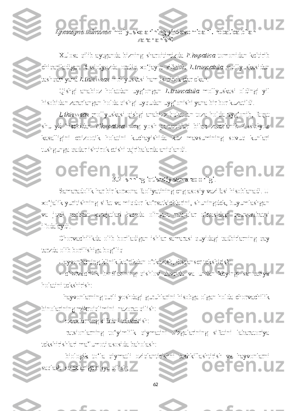 Lymnayea thiesseae  mollyuskalarining yil davomida  F. hepatica bilan
zararlanishi 
Xulosa   qilib   aytganda   bizning   sharoitimizda   F.hepatica   tomonidan   keltirib
chiqariladigan   fassiolyozda   oraliq   xo‘jayin   sifatida   L.truncatula   mollyuskasidan
tashqari yana  L.thiesseae  mollyuskasi ham ishtirok etar ekan.
Qishgi   anabioz   holatdan   uyg‘ongan   L.truncatula   mollyuskasi   oldingi   yil
hisobidan zararlangan holda qishgi uyqudan uyg‘onishi yana bir bor kuzatildi.
L.thiesseae   mollyuskasi  qishgi   anabioz  holatdan  toza  holda  uyg‘onib,  faqat
shu   yil   hisobidan   F.hepatica   ning   yosh   partenitlari   bilan   zararlanib   fassiolyoz
kasalligini   epizootik   holatini   kuchayishida   kuz   mavsumining   sovuq   kunlari
tushgunga qadar ishtirok etishi tajribalarda aniqlandi.
3.2   Ishning iqtisodiy samaradorligi .
Samaradolik har bir korxona faoliyatining eng asosiy vazifasi hisoblanadi. U
xo‘jalik yuritishning sifat va miqdor ko‘rsatkichlarini, shuningdek, buyumlashgan
va   jonli   mehnat   xarajatlari   hamda   olingan   natijalar   o‘rtasidagi   munosabatni
ifodalaydi.
Chorvachilikda   olib   boriladigan   ishlar   samarasi   quyidagi   tadbirlarning   qay
tarzda olib borilishiga bog‘liq
Hayvonlarning klinik ko‘rikdan o‘tkazish, dispanser tekshirish: 
-   chorvachilik   binolarining   qishlov   davrida   va   undan   keyingi   sanitariya
holatini tekshirish:
- hayvonlarning turli yoshdagi guruhlarini hisobga olgan holda chorvachilik
binolarining mikroiqlimini  nazorat qilish:
-  oziqalarning sifatini tekshirish:
-   ratsionlarning   to‘yimlilk   qiymatini   o‘zgalarining   sifatini   labaratoriya
tekshirishlari ma’lumoti asosida baholash:
-   biologik   to‘la   qiymatli   oziqlantirishni   tashkillashtirish   va   hayvonlarni
saqlash qoidalariga rioya qilish;
62 