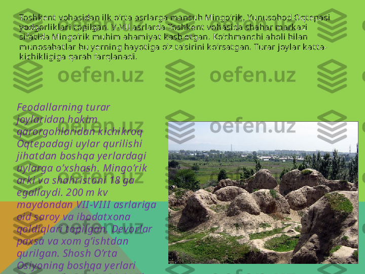 Toshk ent  v ohasidan il k  o’rt a asrlarga mansub Mingo’ri k , Yunusobod Oqt epasi 
y odgorl ik lari  t opi lgan. V-V ІІ  asrlarda Toshk ent  v ohasida shahar mark azi 
sifat ida Mingo’ri k  muhim  ahami y at  k asb et gan. Ko’chmanchi  ahol i bilan 
munosabat lar bu y erning hay ot iga o’z t a’sirini k o’rsat gan. Turar joy lar k at t a-
k ichik ligiga qarab farqlanadi .
F e odallarning t urar 
joy laridan hok im 
qarorgohlaridan k ichik roq 
Oqt e padagi uy lar qurilishi 
jihat dan boshqa y e rlardagi 
uy larga o’x shash. Mingo’rik  
ark i va shahrist oni 18 ga 
e gallay di. 200 m k v 
may dondan V І І - V І І І   asrlariga 
oid saroy  va ibodat xona 
qoldiqlari t opilgan. Devorlar 
pax sa va xom g’isht dan 
qurilgan. Shosh O’rt a 
Osiy oning boshqa y e rlari 
bilan savdo aloqalarini olib 
borgan.  