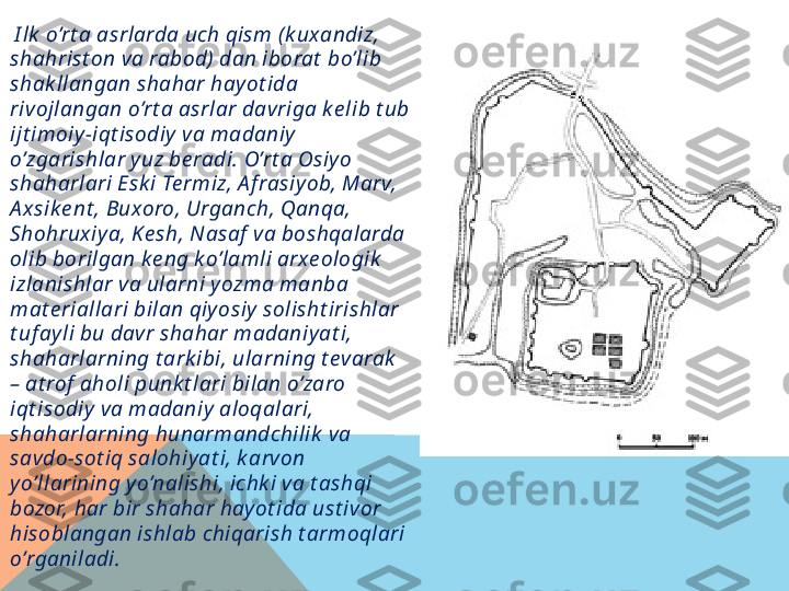   I lk  o’rt a asrlarda uch qism ( k uxandiz, 
shahrist on va rabod)  dan iborat  bo’lib 
shak llangan shahar hay ot ida 
rivojlangan o’rt a asrlar davriga k e lib t ub 
ijt imoiy -iqt isodiy  va madaniy  
o’zgarishlar y uz be radi. O’rt a Osiy o 
shaharlari Esk i Te rmiz, A frasiy ob, Marv, 
A xsik e nt , Buxoro, Urganch, Qanqa, 
Shohruxiy a, Ke sh, Nasaf  va boshqalarda 
olib borilgan k e ng k o’lamli arxe ologik  
izlanishlar va ularni y ozma manba 
mat e riallari bilan qiy osiy  solisht irishlar 
t uf ay li bu davr shahar madaniy at i, 
shaharlarning t ark ibi, ularning t evarak  
– at rof  aholi punk t lari bilan o’zaro 
iqt isodiy  va madaniy  aloqalari, 
shaharlarning hunarmandchilik  va 
savdo-sot iq salohiy at i, k arvon 
y o’llarining y o’nalishi, ichk i va t ashqi 
bozor, har bir shahar hay ot ida ust ivor 
hisoblangan ishlab chiqarish t armoqlari 
o’rganiladi.   