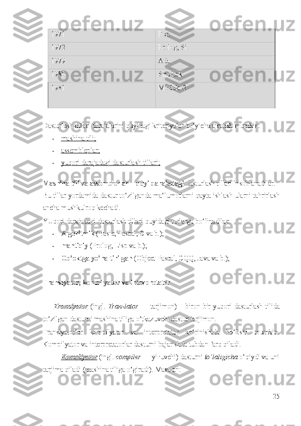 1971  Fort 
1972  Prolog, Si 
1979  Ada 
1980  Smoltok 
1981  Modula-2 
 
 
Dasturlash tillari darajalarini quyidagi kriteriyalar bo‘yicha ajratish mumkin: 
• mashina tili;      
• assembleplar;      
• yuqori darajadagi dasturlash tillari;      
 
Mashina tili va assemblerlar – quyi darajadagi  dasturlash tillari hisoblanadilar. 
Bu tillar yordamida dastur to‘zilganda ma‘lumotlarni qayta ishlash ularni tahrirlash
ancha mushkulroq kechadi. 
YUqori darajadagi dasturlash tillari quyidagi turlarga bo‘linadilar:  
• Algoritmik  (Basic, Pascal, C va b.);  
• mantiqiy  (Prolog, Lisp va b.);  
• Ob’ektga yo’naltirilgan  (Object Pascal, CQQ, Java va b.);  
 
Translyator, kompilyator va interpretator 
 
Translyator   (ingl.   Translator   —  tarjimon)   –  biron-bir  yuqori   dasturlash   tilida
to‘zilgan dasturni mashina tiliga o‘tkazuvchi dastur-tarjimon. 
Translyatorlar   kompilyator   va   interpretator   ko‘rinishida   bo‘lishi   mumkin.
Kompilyator va interpretatorlar dasturni bajarishda tubdan farq qiladi. 
Kompilyator  (ingl.  compiler  — yi ғ uvchi) dasturni  to’laligicha  o‘qiydi va uni
tarjima qiladi (mashina tiliga o‘giradi). Masalan: 
25
  