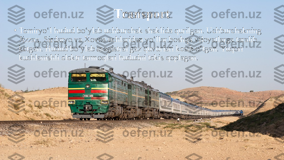 Transport
•
Temiryo‘l hudud bo‘ylab uchburchak shaklida qurilgan. Uchburchakning 
Jizzax, Sirdaryo va Xovos uchlaridan yo‘llar boshqa viloyatlarga taralib 
ketgan. Hudud bo‘ylab magistral gaz quvurlari kesib o‘tgan. Yuqori 
kuchlanishli elektr tarmoqlari hududni tekis qoplagan. 