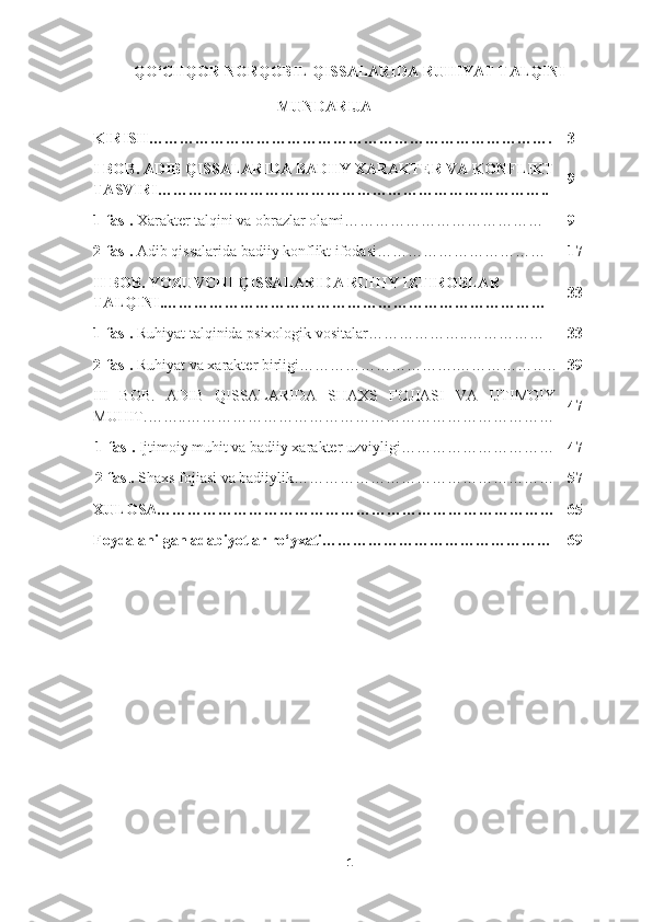 QO‘CHQOR NORQOBIL QISSALARIDA RUHIYAT TALQINI
MUNDARIJA
KIRISH……………………………………………………………………. 3
I BOB.   ADIB QISSALARIDA BADIIY XARAKTER VA KONFLIKT
TASVIRI ………………………………………………………………….. 9
1-fasl.  Xarakter talqini va obrazlar olami………………………………… 9
2-fasl.  Adib qissalarida badiiy konflikt ifodasi…………………………… 17
II BOB.  YOZUVCHI QISSALARIDA RUHIY IZTIROBLAR 
TALQINI.………………… ……………………………………………… 33
1-fasl.  Ruhiyat   talqinida psixologik vositalar………………..…………… 33
2-fasl.  Ruhiyat va xarakter birligi………………………….……………….. 39
III   BOB.   ADIB   QISSALARIDA   SHAXS   FOJIASI   VA   IJTIMOIY
MUHIT. ……..…………… ………………………………………………… 47
1-fasl.  Ijtimoiy muhit va badiiy xarakter uzviyligi………………………… 47
2-fasl.  Shaxs fojiasi va badiiylik…………………………………………… 57
XULOSA…………………………………………………………………… 65
Foydalanilgan adabiyotlar ro‘yxati……………………………………… 69
1 