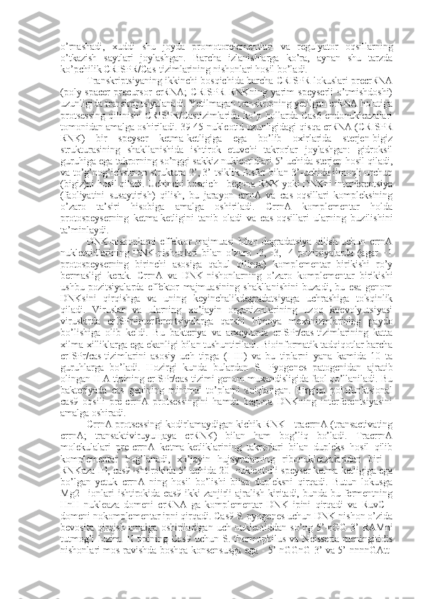 o’rnashadi,   xuddi   shu   joyda   promotorelementlari   va   regulyator   oqsillarning
o’tkazish   saytlari   joylashgan.   Barcha   izlanishlarga   ko’ra,   aynan   shu   tarzda
ko’pchilik CRISPR/Cas-tizimlarining nishonlari hosil bo’ladi.
Transkriptsiyaning ikkinchi bosqichida barcha CRISPR lokuslari precrRNA
(poly-spacer   precursor   crRNA;   CRISPR   RNKning   yarim   speyserli   o’tmishdoshi)
uzunligida transkriptsiyalanadi. Yetilmagan transkripning yetilgan crRNA holatiga
protsessing  qilinishi   CRISPR/Castizimlarida   ko’p  hollarda  Cas6  endonukleazalari
tomonidan amalga oshiriladi. 39-45 nukleotid uzunligidagi qisqa crRNA (CRISPR
RNK)   bir   speyser   ketma-ketligiga   ega   bo’lib   oxirlarida   sterjen-bigiz
strukturasining   shakllanishida   ishtirok   etuvchi   takrorlar   joylashgan:   gidroksil
guruhiga ega takrorning so’nggi sakkiz nukleotidlari 5’ uchida sterjen hosil qiladi,
va to’g’nog’ichsimon struktura 2’, 3’-tsiklik fosfat bilan 3’-uchida ilmoqli urchuq
(bigiz)ni hosil qiladi. Uchinchi bosqich - begona RNK yoki DNKni interferentsiya
(faoliyatini   susaytirish)   qilish,   bu   jarayon   crrnA   va   cas-oqsillari   kompleksining
o’zaro   ta’siri   hisobiga   amalga   oshiriladi.   CrrnA   komplementar   holda
protospeyserning   ketma-ketligini   tanib   oladi   va   cas-oqsillari   ularning   buzilishini
ta’minlaydi.
DNK-nishonlarni   effektor   majmuasi   bilan   degradatsiya   qilish   uchun   crrnA
nukleotidlarining   DNK-nishonlari   bilan   o’zaro   -2,   -3,   -4   pozitsiyalarda   (agar   +1
protospeyserning   birinchi   asosiga   qabul   qilinsa)   komplementar   birikishi   ro’y
bermasligi   kerak.   CrrnA   va   DNK-nishonlarning   o’zaro   komplementar   birikishi
ushbu   pozitsiyalarda   effektor   majmuasining   shakllanishini   buzadi,   bu   esa   genom
DNKsini   qirqishga   va   uning   keyinchalikdegradatsiyaga   uchrashiga   to'sqinlik
qiladi.   Viruslar   va   ularning   xo’jayin   organizmlarining   uzoq   koevolyutsiyasi
viruslarda   crISPr-interferentsiyalarga   qarshi   himoya   mexanizmlarining   paydo
bo’lishiga   olib   keldi.   Bu   bakteriya   va   arxeylarda   crISPr/cas-tizimlarining   katta
xilma-xilliklarga ega ekanligi bilan tushuntiriladi. Bioinformatik tadqiqotlar barcha
crISPr/cas-tizimlarini   asosiy   uch   tipga   (I-III)   va   bu   tiplarni   yana   kamida   10   ta
guruhlarga   bo’ladi.   Hozirgi   kunda   bulardan   S.   Pyogenes   patogenidan   ajratib
olingan II-A tipining crISPr/cas-tizimi genom muxandisligida faol qo’llaniladi. Bu
bakteriyada   cas   genining   minimal   to’plami   aniqlangan.   Birgina   polufunktsional
cas9   oqsili   pre-crrnA   protsessingini   hamda   begona   DNKning   interferentsiyasini
amalga oshiradi.
CrrnA protsessingi kodirlamaydigan kichik RNK - tracrrnA (transactivating
crrnA;   transaktiviruyu щ aya   crRNK)   bilan   ham   bog’liq   bo’ladi.   TracrrnA
molekulalari   pre-crrnA   ketma-ketliklarining   takrorlari   bilan   dupleks   hosil   qilib
komplementar   bog’lanadi,   xo’jayin   hujayralarning   ribonukleazalaridan   biri   -
RNKaza III, cas9 ishtirokida 5’ uchida 20- nukleotidli speyser ketma-ketligiga ega
bo’lgan   yetuk   crrnA   ning   hosil   bo’lishi   bilan   dupleksni   qirqadi.   Butun   lokusga
Mg2+ ionlari  ishtirokida cas9 ikki  zanjirli  ajralish kiritadi, bunda bu fermentning
HnH   nukleaza   domeni   crRNA   ga   komplementar   DNK   ipini   qirqadi   va   RuvC   -
domeni nokomplementar ipni qirqadi. Cas9 S. pyogenes uchun DNK-nishon o’zida
bevosita   qirqish   amalga   oshiriladigan   uch   nukleotiddan   so’ng   5’-nGG-3’   RAMni
tutmog’i  lozim. II  tipining Cas9 uchun S. thermophilus va Neisseria  meningitidis
nishonlari mos ravishda boshqa konsensusga ega - 5’-nGGnG-3’ va 5’-nnnnGAtt- 