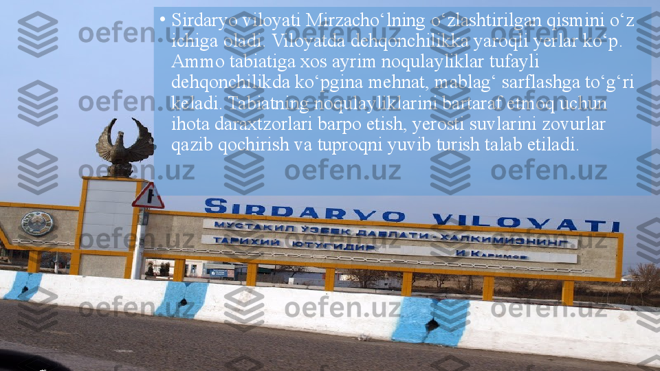 •
Sirdaryo viloyati	 Mirzacho‘lning	 o‘zlashtirilgan	 qismini	 o‘z	 
ichiga	
 oladi.	 Viloyatda	 dehqonchilikka	 yaroqli	 yerlar	 ko‘p.	 
Ammo	
 tabiatiga	 xos	 ayrim	 noqulayliklar	 tufayli	 
dehqonchilikda	
 ko‘pgina	 mehnat,	 mablag‘	 sarflashga	 to‘g‘ri	 
keladi.	
 Tabiatning	 noqulayliklarini	 bartaraf	 etmoq	 uchun	 
ihota	
 daraxtzorlari	 barpo	 etish,	 yerosti	 suvlarini	 zovurlar	 
qazib	
 qochirish	 va	 tuproqni	 yuvib	 turish	 talab	 etiladi.  