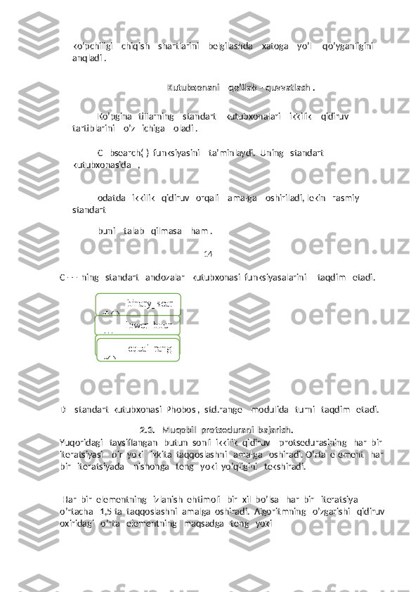 ko’pchiligi    chiqish    shartlarini    belgilashda    xatoga    yo’l     qo’yganligini    
anqladi . 
                       Kutubxonani    qo’llab – quvvatlash .
Ko’pgina   tillarning    standart    kutubxonalari    ikkilik    qidiruv   
tartiblarini    o’z   ichiga    oladi . 
С    bsearch( )  funksiyasini    ta’minlaydi.  Uning   standart   
kutubxonasida   ,  
                                                             
odatda   ikkilik   qidiruv   orqali    amalga    oshiriladi, lekin   rasmiy   
standart 
                                                 
buni    talab   qilmasa    ham .
                                                                  14
C ++  ning   standart   andozalar   kutubxonasi  funksiyasalarini     taqdim   etadi.
D    standart  kutubxonasi  Phobos ,  std.range    modulida   turni   taqdim   etadi.  
   
                                     2.3.   Muqobil  protsedurani  bajarish.
Yuqoridagi   tavsiflangan   butun  sonli  ikkilik  qidiruv    protsedurasining   har  bir  
iteratsiyasi    bir  yoki   ikkita  taqqoslashni   amalga   oshiradi. O’rta  element   har 
bir   iteratsiyada    nishonga   teng   yoki  yo’qligini   tekshiradi.
                                                
 Har  bir  elementning   izlanish  ehtimoli   bir  xil  bo’lsa   har  bir   iteratsiya   
o’rtacha   1,5 ta  taqqoslashni  amalga  oshiradi.  Algoritmning   o’zgarishi   qidiruv 
oxiridagi   o’rta   elementning   maqsadga   teng   yoki    binary_sear
ch( ) ,
lower_boun
d( ) ,
upper_boun
d( ), equal_rang
e( ), 