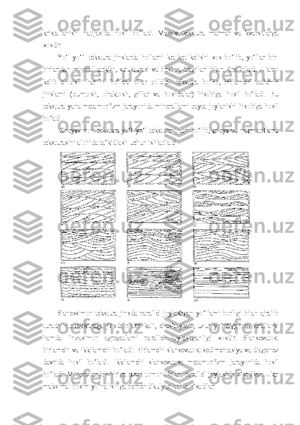 kristallanishi   natijasida   hosil   bo‘ladi.   Massiv   tekstura   marmar   va   kvarsitlarga
xosdir
Yo‘l-yo‘1   tekstura   jinslarda   hollarni   ket-ket   kelishi   xos   bo‘lib,   yo‘llar   bir-
birlaridan  mineral   tarkibi,  strukturasi  va  boshqa  belgilari   bilan  farq  qiladi.  Ularni
kelib   chiqishi   har   hil   bo‘ladi   Ular   qoldiqli   tekstura   bo‘lib,   birlamchi   qatlamli
jinslarni   (qumtosh,   ohaktosh,   gillar   va   boshqalar)   hisobiga   hosil   bo‘ladi.   Bu
tekstura yana metamorfizm jarayonida minerallami qayta joylanishi hisobiga hosil
bo’adi.
  Gneyssimon tekstura yo‘l-yo‘l teksturani turi bo‘lib, gneys va migmatitlarni
teksturasini alohida ta’kidlash uchun ishlatiladi 
Slanessimon  tekstura  jinsda  parallel  joylashgan  yo‘llami  borligi  bilan  ajralib
turadi.   Bu   teksturaga   jinsda   plastinkali,   cheshuykali,   uzun   yo‘nalgan   minerallami
hamda   linzasimon   agregatlami   parallel   joylashganligi   xosdir.   Slansevatost
birlamchi va ikkilamchi bo’ladi. Birlamchi slansevatost sedimentasiya va diagenez
davrida   hosil   bo’ladi.   Ikkilamchi   slansevatost   metamorfizm   jarayonida   hosil
bo’ladi.   Minerallar   bir-biriga   uzun   tomoni   bilan   parallel   joylashib   o‘sadilar.   Ular
maksimal bosim yo‘nalishiga perpendikulyar holda o‘sadilar 