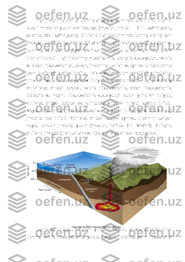 Tog’ jinslarining zichligi ularning g ovakligi va mineral tarkibi bilan bog liq.ʻ ʻ
Rudali   minerallar   yuqori   zichlikka   ega   (masalan,   piritda   —   5000   kg/m3   gacha,
galenitda 7570 kg/m3 gacha). Cho kindi tog  jinslari minerallarining zichligi kam	
ʻ ʻ
(masalan,   tosh   tuzining   zichligi   2,2   g/   sm3).   Tog’   jinslarining   issiqlik   sig imi   va	
ʻ
hajmning issiqlikdan kengayish koeffitsenti birinchi galda ularning mineral tarkibi
bilan   aniqlanadi.   Tog’   jinslarining   mustahkamlik,   taranglik   xususiyatlari,   issiqlik
va elektr o’tkazuvchanligi, asosan, jinslarning tuzilishi va ayniqsa donachalarning
uzaro   bog’lanish   kuchiga   bog liq.   Fizik   xossalari   qatlam   tekisliklari   yo nalishida	
ʻ ʻ
bir   xil   bo lsa,   ko ndalang   yo nalish   bo ylab   boshqacha   bo ladi.   Tog’   jinslarining	
ʻ ʻ ʻ ʻ ʻ
cho zilishga   chidash   darajasi,   issiqlik   o tkazuvchanlik,   elektr   o tkazuvchanlik,	
ʻ ʻ ʻ
dielektrik   va   magnit   o tkazuvchanlik   xususiyatlari   qatlam   yo nalishi   bo ylab,	
ʻ ʻ ʻ
siqilishga   chidash   darajasi   esa   ko ndalang   yo nalish   bo ylab   ko proq   bo ladi.	
ʻ ʻ ʻ ʻ ʻ
Mayda   donador   tog’   jinslarida   mustahkamlik   yuqori   bo lsa,   yirik   donador   tog’	
ʻ
jinslarida   past   bo ladi.   Siqilishga   chidash   darajasi   ayniqsa,   tolasimon   tuzilgan	
ʻ
mayda   donador   jinslarda   yuqori   (masalan,   nefritda   500   MN/m2).   Ko pgina	
ʻ
cho kindi jinslarda (tosh tuzi, gips va b.)da siq	
ʻ ilishga chidash darajasi past.
 
Tog	
ʻ   jinslari   odatda,   issiqlikni   yomon   o tkazadi,   g ovaklik   ortishi   bilan	ʻ ʻ
ularning issiqlik o’tkazuvchanligi yanada susayadi.  Tarkibida yarim o tkazgichlar	
ʻ 