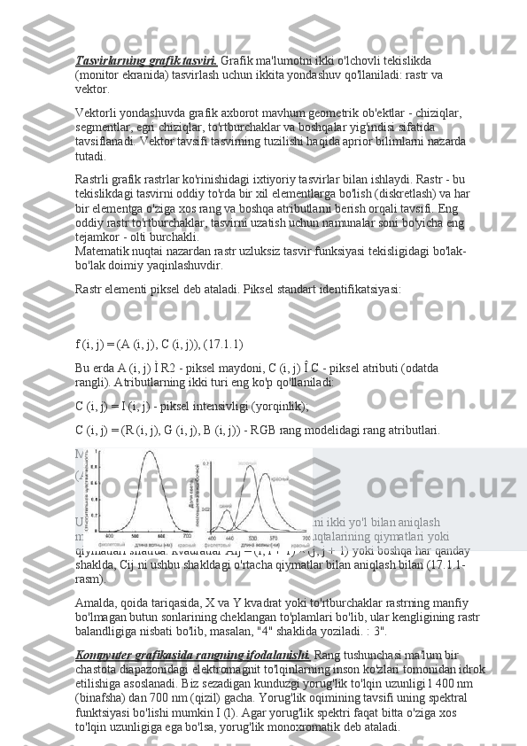 Tasvirlarning grafik tasviri.   Grafik ma'lumotni ikki   o'lchovli tekislikda 
(monitor ekranida) tasvirlash uchun   ikkita   yondashuv   qo'llaniladi: rastr   va  
vektor.
Vektorli yondashuvda grafik axborot mavhum geometrik   ob'ektlar - chiziqlar, 
segmentlar, egri chiziqlar,   to'rtburchaklar va boshqalar yig'indisi sifatida 
tavsiflanadi.   Vektor tavsifi tasvirning tuzilishi haqida aprior bilimlarni   nazarda  
tutadi.
Rastrli grafik rastrlar ko'rinishidagi ixtiyoriy tasvirlar bilan   ishlaydi. Rastr - bu 
tekislikdagi tasvirni oddiy to'rda bir xil   elementlarga bo'lish (diskretlash) va har 
bir elementga   o'ziga xos rang va boshqa atributlarni berish orqali tavsifi.   Eng 
oddiy rastr to'rtburchaklar, tasvirni uzatish uchun   namunalar   soni   bo'yicha   eng  
tejamkor   -   olti   burchakli.
Matematik nuqtai nazardan rastr uzluksiz tasvir funksiyasi   tekisligidagi   bo'lak-
bo'lak   doimiy yaqinlashuvdir.
Rastr elementi piksel deb ataladi. Piksel standart   identifikatsiyasi:
f   (i,   j)   =   (A (i,   j),   C   (i, j)),   (17.1.1)
Bu erda A (i, j) Ì R2 - piksel maydoni, C (i, j) Î C - piksel   atributi (odatda 
rangli). Atributlarning ikki turi eng ko'p   qo'llaniladi:
C   (i,   j)   =   I   (i,   j)   -   piksel   intensivligi   (yorqinlik);
C (i, j) = (R (i, j), G (i, j), B (i, j)) - RGB rang modelidagi rang   atributlari.
Matritsa shaklida:   Mij   =
(Aij,   Cij).
Uzluksiz tasvirlarni diskretlashda Aij qiymatlarini ikki yo'l   bilan aniqlash 
mumkin, Cij atributlari aniqlangan Aij = (i, j)   nuqtalarining qiymatlari yoki 
qiymatlari sifatida. kvadratlar   Aij = (i, i + 1) × (j, j + 1) yoki boshqa har qanday 
shaklda, Cij   ni ushbu shakldagi o'rtacha qiymatlar bilan aniqlash bilan   (17.1.1-
rasm).
Amalda, qoida tariqasida, X va Y kvadrat yoki to'rtburchaklar   rastrning manfiy 
bo'lmagan butun sonlarining cheklangan   to'plamlari bo'lib, ular kengligining rastr 
balandligiga nisbati   bo'lib,   masalan, "4"   shaklida   yoziladi.   : 3".
Kompyuter grafikasida rangning ifodalanishi.   Rang   tushunchasi ma'lum bir 
chastota diapazonidagi   elektromagnit to'lqinlarning inson ko'zlari tomonidan idrok
etilishiga asoslanadi. Biz sezadigan kunduzgi yorug'lik   to'lqin uzunligi l 400 nm 
(binafsha) dan 700 nm (qizil)   gacha. Yorug'lik oqimining tavsifi uning spektral 
funktsiyasi   bo'lishi mumkin I (l). Agar yorug'lik spektri faqat bitta o'ziga   xos 
to'lqin uzunligiga ega bo'lsa, yorug'lik monoxromatik   deb   ataladi. 