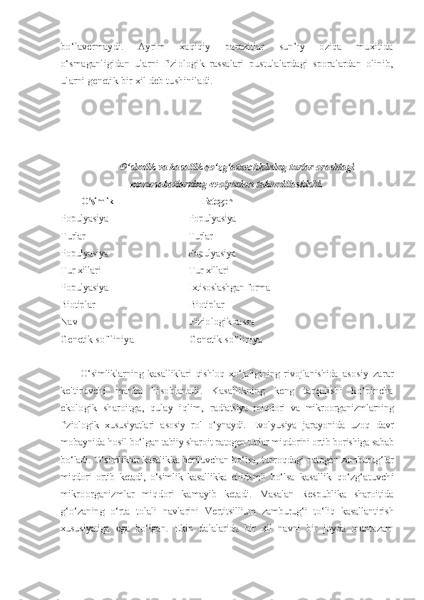 bo‘lavermaydi.   Ayrim   xaqiqiy   parazitlar   sun’iy   oziqa   muxitida
o‘smaganligidan   ularni   fiziologik   rassalari   pustulalardagi   sporalardan   olinib,
ularni genetik bir xil deb tushiniladi.
O‘simlik va kasallik qo‘zg‘atuvchisining turlar orasidagi
munosabatlarning evolyusion takomillashishi.
O‘simlik Patogen
Populyasiya Populyasiya
Turlar Turlar
Populyasiya Populyasiya
Tur xillari Tur xillari
Populyasiya Ixtisoslashgan forma
Biotiplar Biotiplar
Nav Fiziologik rassa
Genetik sof liniya Genetik sof liniya
O‘simliklarning   kasalliklari   qishloq   xo‘jaligining   rivojlanishida   asosiy   zarar
keltiruvchi   manba   hisoblanadi.   Kasallikning   keng   tarqalishi   ko‘pincha
ekologik   sharoitga,   qulay   iqlim,   radiatsiya   miqdori   va   mikroorganizmlarning
fiziologik   xususiyatlari   asosiy   rol   o‘ynaydi.   Evolyusiya   jarayonida   uzoq   davr
mobaynida hosil  bo‘lgan tabiiy sharoit patogen turlar miqdorini ortib borishiga sabab
bo‘ladi. O‘simliklar kasalikka beriluvchan bo‘lsa, tuproqdagi patogen   zamburug‘lar
miqdori   ortib   ketadi,   o‘simlik   kasallikka   chidamli   bo‘lsa   kasallik   qo‘zg‘atuvchi
mikroorganizmlar   miqdori   kamayib   ketadi.   Masalan   Respublika   sharoitida
g‘o‘zaning   o‘rta   tolali   navlarini   Vertitsillium   zamburug‘i   to‘liq   kasallantirish
xususiyatiga   ega   bo‘lgan.   Ekin   dalalarida   bir   xil   navni   bir   joyda   muntazam 