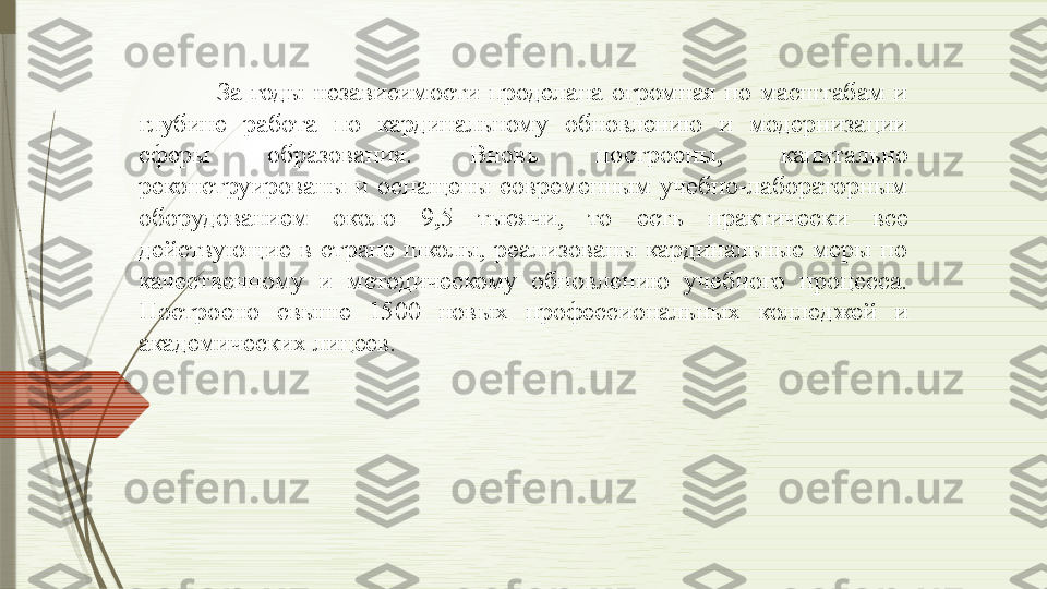 За  годы  независимости  проделана  огромная  по  масштабам  и 
глубине  работа  по  кардинальному  обновлению  и  модернизации 
сферы  образования.  Вновь  построены,  капитально 
реконструированы  и  оснащены  современным  учебно-лабораторным 
оборудованием  около  9,5  тысячи,  то  есть  практически  все 
действующие  в  стране  школы,  реализованы  кардинальные  меры  по 
качественному  и  методическому  обновлению  учебного  процесса. 
Построено  свыше  1500  новых  профессиональных  колледжей  и 
академических лицеев.               