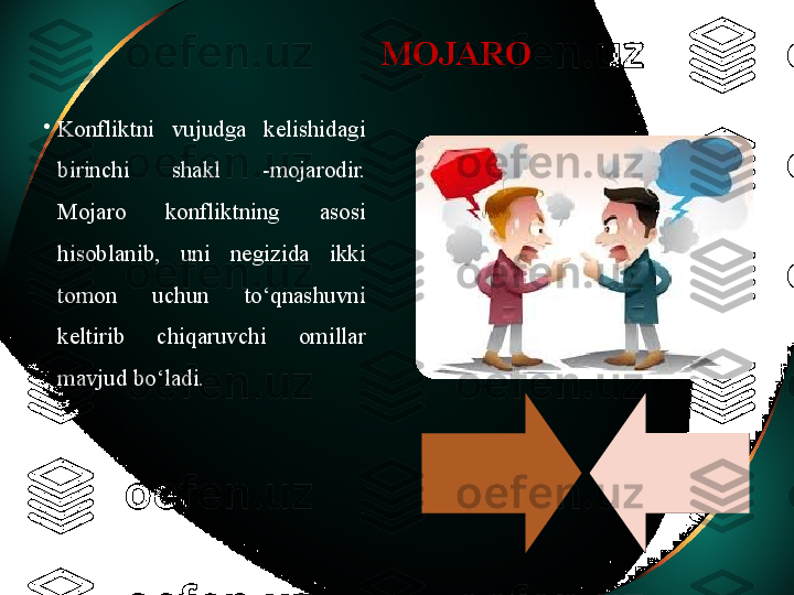 MOJARO
•
Konfliktni  vujudga  kelishidagi 
birinchi  shakl  -mojarodir. 
Mojaro  konfliktning  asosi 
hisoblanib,  uni  negizida  ikki 
tomon  uchun  to‘qnashuvni 
keltirib  chiqaruvchi  omillar 
mavjud bo‘ladi.
    