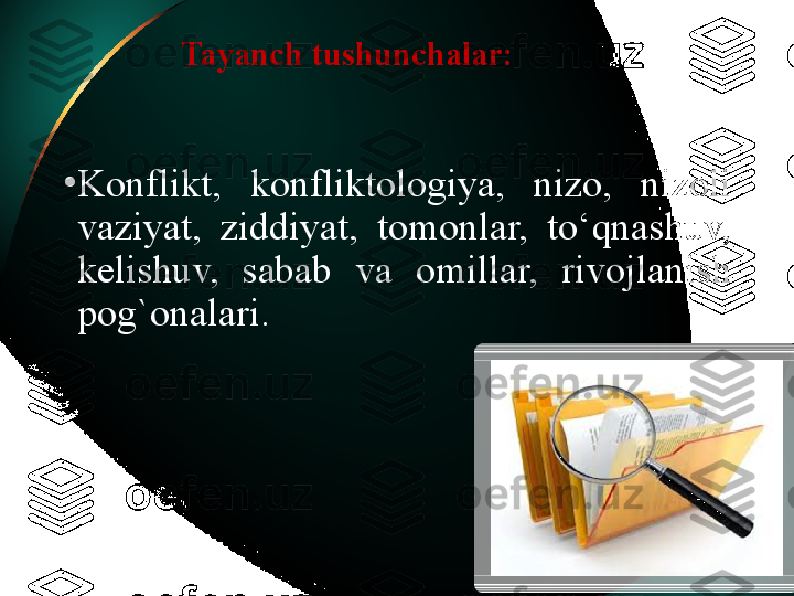 Tayanch tushunchalar:  
•
Konflikt,  konfliktologiya,  nizo,  nizoli 
vaziyat,  ziddiyat,  tomonlar,  to‘qnashuv, 
kelishuv,  sabab  va  omillar,  rivojlanish 
pog`onalari.  