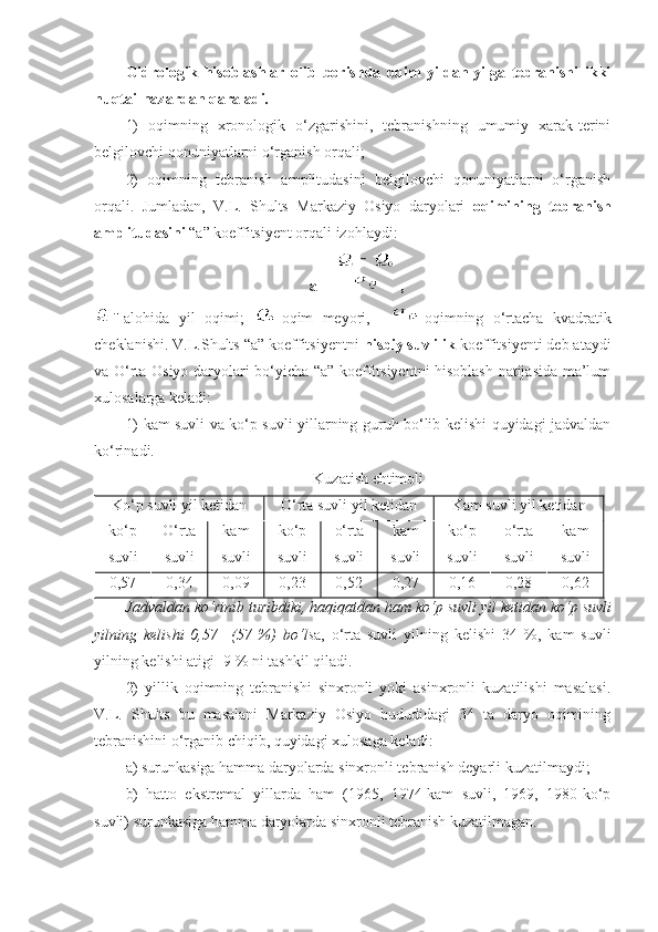 Gidrologik   hisoblashlar   olib   borishda   oqim   yildan-yilga   tebranishi   ikki
nuqtai-nazardan qaraladi.  
1)   oqimning   xronologik   o‘zgarishini,   tebranishning   umumiy   xarak-terini
belgilovchi qonuniyatlarni o‘rganish orqali;
2)   oqimning   tebranish   amplitudasini   belgilovchi   qonuniyatlarni   o‘rganish
orqali.   Jumladan,   V.L.   Shults   Markaziy   Osiyo   daryolari   oqimining   tebranish
amplitudasini  “a” koeffitsiyent orqali izohlaydi:
a =  ,
alohida   yil   oqimi;   -oqim   meyori,     -oqimning   o‘rtacha   kvadratik
cheklanishi. V.L.Shults “a” koeffitsiyentni  nisbiy suvlilik  koeffitsiyenti deb ataydi
va O‘rta Osiyo daryolari bo‘yicha “a” koeffitsiyentni hisoblash natijasida ma’lum
xulosalarga keladi:
1) kam suvli va ko‘p suvli yillarning guruh bo‘lib kelishi quyidagi jadvaldan
ko‘rinadi.
Kuzatish ehtimoli  
Ko‘p suvli yil ketidan O‘rta suvli yil ketidan Kam suvli yil ketidan
ko‘p
suvli  O‘rta
suvli kam
suvli ko‘p
suvli o‘rta
suvli  kam
suvli  ko‘p
suvli o‘rta
suvli kam
suvli
0,57 0,34 0,09 0,23 0,52 0,27 0,16 0,28 0,62
Jadvaldan   ko ‘ rinib   turibdiki ,  haqiqatdan   ham   ko ‘ p   suvli   yil   ketidan   ko ‘ p   suvli
yilning   kelishi   0,57     (57   %)   bo ‘ ls a ,   o ‘ rta   suvli   yilning   kelishi   34   %,   kam   suvli
yilning   kelishi   atigi  -9 %  ni   tashkil   qiladi .
2)   yillik   oqimning   tebranishi   sinxronli   yoki   asinxronli   kuzatilishi   masalasi.
V.L.   Shults   bu   masalani   Markaziy   Osiyo   hududidagi   34   ta   daryo   oqimining
tebranishini o‘rganib chiqib, quyidagi xulosaga keladi:
a) surunkasiga hamma daryolarda sinxronli tebranish deyarli kuzatilmaydi;
b)   hatto   ekstremal   yillarda   ham   (1965,   1974-kam   suvli,   1969,   1980-ko‘p
suvli) surunkasiga hamma daryolarda sinxronli tebranish kuzatilmagan. 