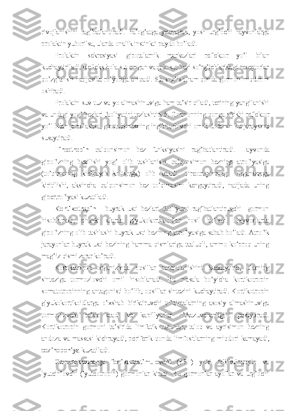 rivojlanishini   rag’batlantiradi.   Balog’atga   yetmagan,   yosh   urg’ochi   hayvonlarga
prolaktin yuborilsa, ularda onalik instinkti paydo bo’ladi. 
Prolaktin   sekresiyasi   gipotalarnik   markazlari   reflektor   yo’l   bilan
kuchaytiriladi. Refleks bola sut emgan vaqtda sut bezi so’rg’ichlaridagi reseptorlar
qo’zg’alishi natijasida ro’yobga chiqadi. Sut sog’ish ham qonda gormon miqdorini
oshiradi.      
Prolaktin suv-tuz va yo almashinuviga ham ta’sir qiladi, terining yangilanishi
va undagi yog’ bezlari faoliyatini tezlashtiradi. Gormonning qonga o’tishi reflektor
yo’l bilan jadallashsa, gipotalamusning ingibitorlovchi omili-dofamin bu jarayonni
susaytiradi. 
Tireotropin   qalqonsimon   bez   funksiyasini   rag’batlantiradi.   Hayvonda
gipofizning   buzilishi   yog’   olib   tashlanishi   qalqonsimon   bezning   atrofiyasiga
(to’qimaning   kichrayib   kolishiga)   olib   keladi.   Tireotropinning     organizmga
kiritilishi,   aksincha   qalqonsimon   bez   to’qimasini   kengaytiradi,   natijada   uning
gipertrofiyasi kuzatiladi.
Kortikotropin   -   buyrak   usti   bezlari   faoliyatni   rag’batlantiruvchi     gormon
hisoblanadi,   chunki   ularda   glyukokortikoidlar   hosil   bo’ladi.   Hayvonlarda
gipofizning olib tashlashi  buyrak usti bezining atrofiyasiga sabab bo’ladi. Atrofik
jarayonlar   buyrak   usti   bezining   hamma   qismlariga   taaluqli,   ammo   ko’proq   uning
mag’iz qismi zarar ko’radi.
Kortikotropin   organizmda   oqsillar   parchalanishini   kuchaytirib,   ularning
sinteziga   tormozlovchi   omil   hisoblanadi.   Bu   masala   bo’yicha   kortikotropin
somatotropinning   antagonisti   bo’lib,   oqsillar   sintezini   kuchaytiradi.   Kortikotropin
glyukokortikoidlarga   o’xshab   biriktiruvchi   to’qimalarning   asosiy   almashinuviga
tormozlovchi   ta’sir   etadi   va   kapillyarlar   o’tkazuvchanligini   pasaytiradi.
Kortikotropin   gormoni   ta’sirida   limfatik   tugunlar,   taloq   va   ayrisimon   bezning
andoza   va   massasi   kichrayadi,   periferik   qonda   limfositlarning   miqdori   kamayadi,
eozinopeniya  kuzatiladi.
Gonadotroplarga   follikullostimulovchi   (FST)   yoki   follikulotropin   va
lyuteinlovchi   (lyuteotropin)   gormonlar   kiradi.   Bu   gormonlar   ayollar   va   urg’ochi 