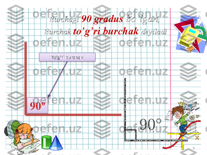 6Burchagi  90  gradus  bo’lgan , 
Burchak  to’g’ri burchak  deyiladi
90 º To’g’ri burchak    