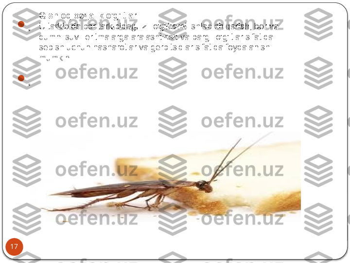 17 
.

. Qishloq xo'jalik o'g'itlari
U tarkibida bor tarkibidagi izli o'g'itlarni ishlab chiqarish, bor va 
qumni suvli eritmalarga aralashtirish va bargli o'g'itlar sifatida 
sepish uchun hasharotlar va gerbitsidlar sifatida foydalanish 
mumkin  