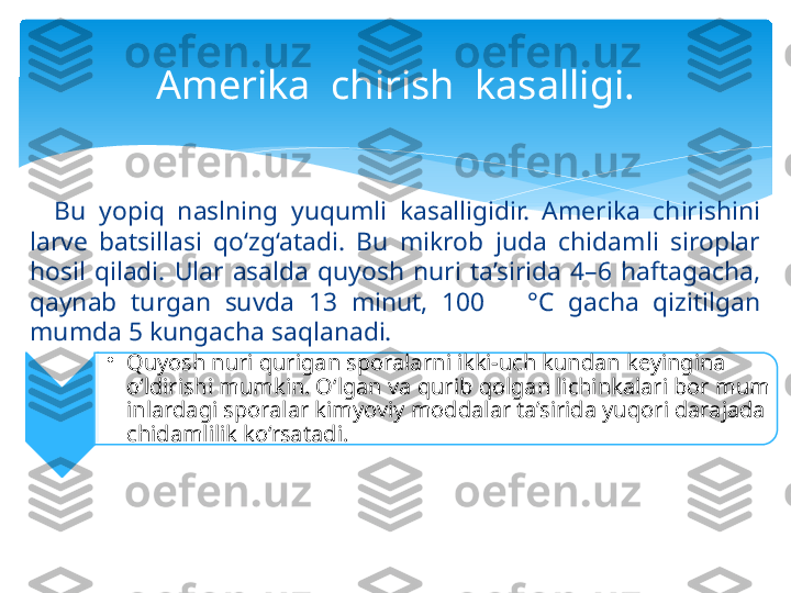     Bu  yopiq  naslning  yuqumli  kasalligidir.  Amerika  chirishini 
larve  batsillasi  qo‘zg‘atadi.  Bu  mikrob  juda  chidamli  siroplar 
hosil  qiladi.  Ular  asalda  quyosh  nuri  ta’sirida  4–6  haftagacha, 
qaynab  turgan  suvda  13  minut,  100      °C  gacha  qizitilgan 
mumda 5 kungacha saqlanadi.  Amerika  chirish  kasalligi .
•
Quyosh nuri qurigan sporalar ni ikki-uch kundan keyingina 
o‘ldirishi mumkin. O‘lgan va qurib  qolgan lichinkalari bor mum 
inlardagi sporalar kimyoviy moddalar ta’sirida yuqori darajada 
chidamlilik ko‘rsatadi.    