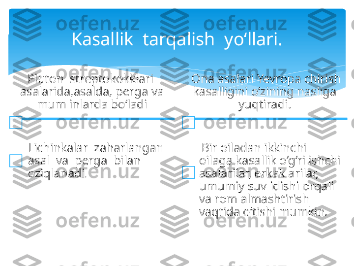 Kasallik  tarqalish  yo‘llari.
Pluton  streptokokklari  
asalarida,asalda, perga va 
mum inlarda bo‘ladi
Lichinkalar  zaharlangan  
asal  va  perga  bilan  
oziqlanadi .   Ona asalari Yevropa chirish 
kasalligini o‘zining nasliga 
yuqtiradi .
  Bir oiladan ikkinchi 
oilaga kasallik o‘g‘ri ishchi 
asalarilar, erkak arilar, 
umumiy suv idishi orqali 
va rom almashtirish 
vaqtida o‘tishi mumkin.     