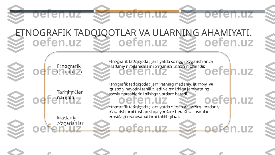 ETNOGRAFIK TADQIQOTLAR VA ULARNING AHAMIYATI.
Et nografi k  
t adqiqot lar
Tadqi qot lar 
nat ijalari
Madaniy  
o'zgarishlar Etnografik tadqiqotlar, jamiyatda so'nggi o'zgarishlar va 
madaniy rivojlanishlarni o'rganish uchun muhimdir.
Etnografik tadqiqotlar, jamiyatning madaniy, ijtimoiy, va 
iqtisodiy hayotini tahlil qiladi va o'z ichiga jamiyatning 
asosiy qarashlarini olishga yordam beradi.
Etnografik tadqiqotlar, jamiyatda o'tgan va hozirgi madaniy 
o'zgarishlarni tushunishga yordam beradi va insonlar 
orasidagi munosabatlarni tahlil qiladi.     