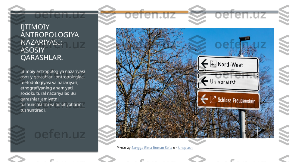 IJTIMOIY 
ANTROPOLOGIYA 
NAZARIYASI: 
ASOSIY 
QARASHLAR.
Ijtimoiy antropologiya nazariyasi 
asosiy qarashlari: antropologiya 
metodologiyasi va nazariyasi, 
etnografiyaning ahamiyati, 
sociokultural nazariyalar. Bu 
qarashlar jamiyatni 
tushunchlarini va amaliyotlarini 
tushuntiradi.
Photo by  Sangga Rima Roman Selia  on  Unsplash     