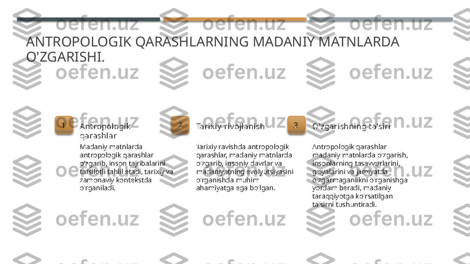 ANTROPOLOGIK QARASHLARNING MADANIY MATNLARDA 
O'ZGARISHI.
1
Ant ropologik  
qarashlar
Madaniy matnlarda 
antropologik qarashlar 
o'zgarib, inson tajribalarini 
tafsilotli tahlil etadi, tarixiy va 
zamonaviy kontekstda 
o'rganiladi. 2
Tarix iy  riv ojlanish
Tarixiy ravishda antropologik 
qarashlar, madaniy matnlarda 
o'zgarib, insoniy davrlar va 
madaniyatning evolyutsiyasini 
o'rganishda muhim 
ahamiyatga ega bo'lgan. 3
O'zgarishning t a'siri
Antropologik qarashlar 
madaniy matnlarda o'zgarish, 
insonlarning tasavvurlarini, 
g'oyalarini va jamiyatda 
o'zgarmaganlikni o'rganishga 
yordam beradi, madaniy 
taraqqiyotga ko'rsatilgan 
ta'sirni tushuntiradi.       