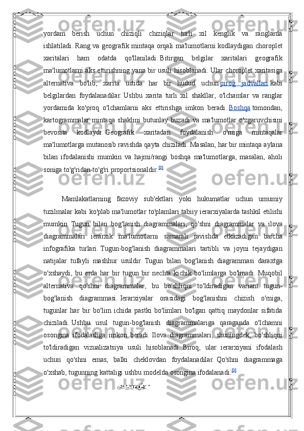 yordam berish	 uchun	 chiziqli	 chiziqlar	 turli	 xil	 kenglik	 va	 ranglarda
ishlatiladi.   Rang	
 va	 geografik	 mintaqa	 orqali	 ma'lumotlarni	 kodlaydigan	 choroplet
xaritalari	
 ham	 odatda	 qo'llaniladi.   Bitirgan	 belgilar	 xaritalari	 geografik
ma'lumotlarni	
 aks	 ettirishning	 yana	 bir	 usuli	 hisoblanadi.   Ular	 choroplet	 xaritasiga
alternativa	
 bo'lib,	 xarita	 ustida	 har	 bir	 hudud	 uchun   pirog	 jadvallari   kabi
belgilardan	
 foydalanadilar.   Ushbu	 xarita	 turli	 xil	 shakllar,	 o'lchamlar	 va	 ranglar
yordamida	
 ko'proq	 o'lchamlarni	 aks	 ettirishga	 imkon	 beradi.   Boshqa   tomondan,
kartogrammalar	
 mintaqa	 shaklini	 butunlay	 buzadi	 va	 ma'lumotlar	 o'zgaruvchisini
bevosita	
 	kodlaydi.   Geografik	 	xaritadan	 	foydalanish	 	o'rniga	 	mintaqalar
ma'lumotlarga	
 mutanosib	 ravishda	 qayta	 chiziladi.   Masalan,	 har	 bir	 mintaqa	 aylana
bilan	
 ifodalanishi	 mumkin	 va	 hajmi/rangi	 boshqa	 ma'lumotlarga,	 masalan,	 aholi
soniga	
 to'g'ridan-to'g'ri	 proportsionaldir. [3]
Mamlakatlarning
 fazoviy	 sub'ektlari	 yoki	 hukumatlar	 uchun	 umumiy
tuzilmalar	
 kabi	 ko'plab	 ma'lumotlar	 to'plamlari	 tabiiy	 ierarxiyalarda	 tashkil	 etilishi
mumkin.   Tugun	
 bilan	 bog'lanish	 diagrammalari,	 qo'shni	 diagrammalar	 va	 ilova
diagrammalari	
 ierarxik	 ma'lumotlarni	 samarali	 ravishda	 etkazadigan	 barcha
infografika	
 turlari.   Tugun-bog'lanish	 diagrammalari	 tartibli	 va	 joyni	 tejaydigan
natijalar	
 tufayli	 mashhur	 usuldir.   Tugun	 bilan	 bog'lanish	 diagrammasi	 daraxtga
o'xshaydi,	
 bu	 erda	 har	 bir	 tugun	 bir	 nechta	 kichik	 bo'limlarga	 bo'linadi.   Muqobil
alternativa	
 qo'shni	 diagrammalar,	 bu	 bo'shliqni	 to'ldiradigan	 variant	 tugun-
bog'lanish	
 diagrammasi.   Ierarxiyalar	 orasidagi	 bog'lanishni	 chizish	 o'rniga,
tugunlar	
 har	 bir	 bo'lim	 ichida	 pastki	 bo'limlari	 bo'lgan	 qattiq	 maydonlar	 sifatida
chiziladi.   Ushbu	
 usul	 tugun-bog'lanish	 diagrammalariga	 qaraganda	 o'lchamni
osongina	
 ifodalashga	 imkon	 beradi.   Ilova	 diagrammalari,	 shuningdek,	 bo'shliqni
to'ldiradigan	
 vizualizatsiya	 usuli	 hisoblanadi.   Biroq,	 ular	 ierarxiyani	 ifodalash
uchun	
 qo'shni	 emas,	 balki	 cheklovdan	 foydalanadilar.   Qo'shni	 diagrammaga
o'xshab,	
 tugunning	 kattaligi	 ushbu	 modelda	 osongina	 ifodalanadi. [3]
Tarmoqlar 