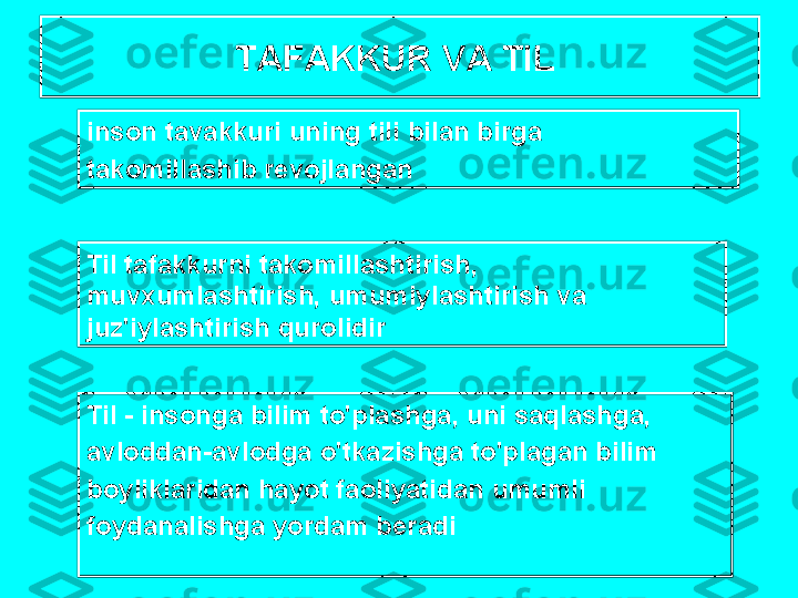 T А F А KKUR   V А  TIL  
Til  -  ins о ng а  bilim   to'pl а shg а,  uni   s а ql а shg а, 
а vl о dd а n -а vl о dg а  o'tk а zishg а  to'pl а g а n   bilim  
b о ylikl а rid а n   h а yot   f ао liyatid а n   umumli  
f о yd а n а lishg а  yord а m   b е r а diins о n   t а v а kkuri   uning   tili   bil а n   birg а  
t а k о mill а shib   r е v о jl а ng а n
Til   t а f а kkurni   t а k о mill а shtirish ,
muv х uml а shtirish ,  umumiyl а shtirish   v а 
juz ' iyl а shtirish   qur о lidir 