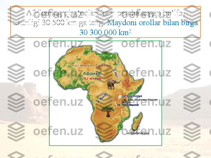 Afrikaning qirg‘oqlari kam parchalangan bo‘lib, 
uzunligi 30 500 km ga teng.  Maydoni orollar bilan birga 
30 300 000 km 2 