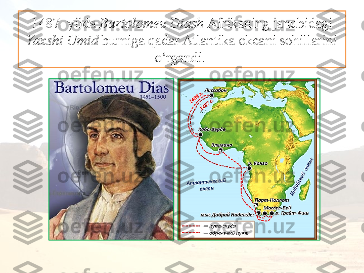1487- yilda  Bartolomeu Diash  Afrikaning janubidagi 
Yaxshi Umid  burniga qadar Atlantika okeani sohillarini 
o‘rgandi.  