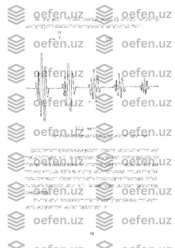 Ikki   eng   yaqin   impluslar   orasidagi   vaqtni   (t)   aniqlab,   namunaning
uzunligini(l) bilib elastik to‘lqinlarning tarqalish tezligi topiladi. Yani :
                   v=                                              (1)
                                         2.1.1- rasm  
                 Namunada tarqalayotgan akustik impluslar osillogrammasi.
       Qattiq jismlarning elastik xususiyatlarini   o‘rganish uchun turli xil impluslar
mavjud  bo‘lib,ular   [9.10]   da  tasvirlangan.   Chunki   fazali   o‘tishlar   hududida   biz
o‘rgangan   namunalarda   elastik   to‘lqinlarning   susayishini   katta,   aks   ettirilgan
impluslar   soni   juda   kichik   va   shuning   uchun   namunadagi   impluslarning   ikki
marta o‘tish vaqtini o‘lchash bilan bog‘liq bir qator qiyinchiliklar paydo bo‘ladi.
Bu   akustik   tadqiqotlar   uchun   [9.10]   da   tasvirlangan   usullardan   foydalanishga
ruxsat bermaydi. 
Shuning uchun Papadakis tomonidan ishlab chiqilgan aks-sado impluslarini
ustma-ust joylashtirish usulidan foydalanilgan. [7] 
19 