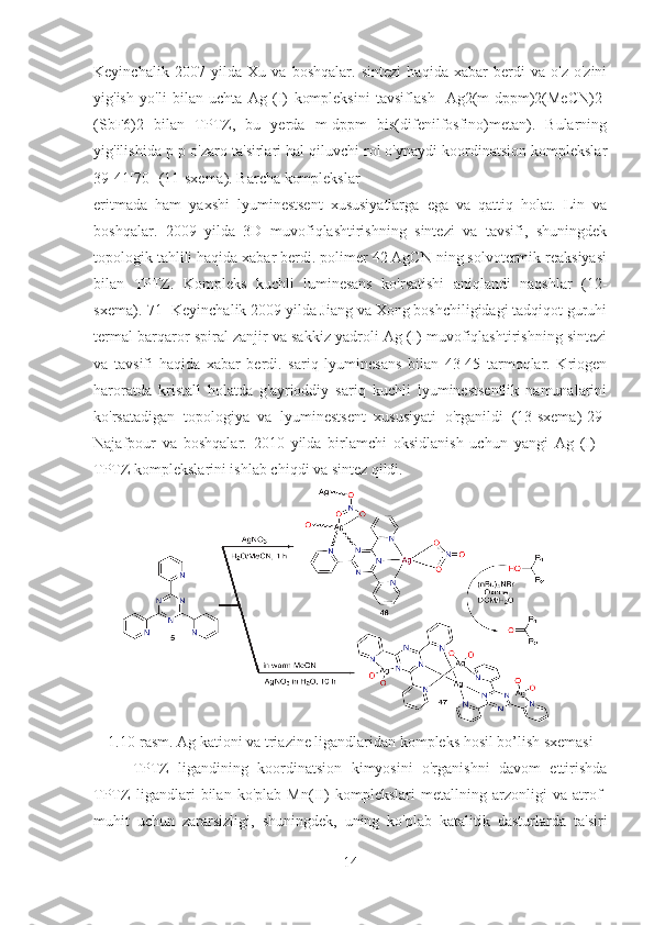 Keyinchalik   2007   yilda   Xu   va   boshqalar.   sintezi   haqida   xabar   berdi   va   o'z-o'zini
yig'ish   yo'li   bilan   uchta   Ag   (I)   kompleksini   tavsiflash   [Ag2(m-dppm)2(MeCN)2]
(SbF6)2   bilan   TPTZ,   bu   yerda   m-dppm   bis(difenilfosfino)metan).   Bularning
yig'ilishida p-p o'zaro ta'sirlari hal qiluvchi rol o'ynaydi koordinatsion komplekslar
39-41[70] (11-sxema). Barcha komplekslar
eritmada   ham   yaxshi   lyuminestsent   xususiyatlarga   ega   va   qattiq   holat.   Lin   va
boshqalar.   2009   yilda   3D   muvofiqlashtirishning   sintezi   va   tavsifi,   shuningdek
topologik tahlili haqida xabar berdi. polimer 42 AgCN ning solvotermik reaksiyasi
bilan   TPTZ.   Kompleks   kuchli   luminesans   ko'rsatishi   aniqlandi   naqshlar   (12-
sxema).[71] Keyinchalik 2009 yilda Jiang va Xong boshchiligidagi tadqiqot guruhi
termal barqaror spiral zanjir va sakkiz yadroli Ag (I) muvofiqlashtirishning sintezi
va   tavsifi   haqida   xabar   berdi.   sariq   lyuminesans   bilan   43-45   tarmoqlar.   Kriogen
haroratda   kristall   holatda   g'ayrioddiy   sariq   kuchli   lyuminestsentlik   namunalarini
ko'rsatadigan   topologiya   va   lyuminestsent   xususiyati   o'rganildi   (13-sxema)[29]
Najafpour   va   boshqalar.   2010   yilda   birlamchi   oksidlanish   uchun   yangi   Ag   (I)   -
TPTZ komplekslarini ishlab chiqdi va sintez qildi.
1.10-rasm. Ag kationi va triazine ligandlaridan kompleks hosil bo’lish sxemasi
TPTZ   ligandining   koordinatsion   kimyosini   o'rganishni   davom   ettirishda
TPTZ   ligandlari   bilan   ko'plab   Mn(II)   komplekslari   metallning   arzonligi   va   atrof-
muhit   uchun   zararsizligi,   shuningdek,   uning   ko'plab   katalitik   dasturlarda   ta'siri
14 