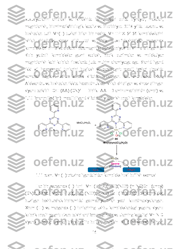 xususiyatlarini   aniqlash   va   ishlashida   hal   qiluvchi   qoida   o'ynaydi,   masalan,
magnitlanish,   biomimetik/biologik   kataliz   va   biotibbiyot.   2018   yilda   Lazarou   va
boshqalar.   turli   Mn(II)   tuzlari   bilan   bir   nechta   Mn-TPTZ   54-56   komplekslarini
ishlab   chiqdi   va   sintez   qildi.   Etti   va   oltita   muvofiqlashtirilgan   marganets
komplekslari olindi va elektron paramagnit spektroskopiyasi qo'shimcha o'rganildi.
Ko'p   yadroli   komplekslar   gazni   saqlash,   optik   qurilmalar   va   molekulyar
magnitlanish   kabi   ko'plab   ilovalarda   juda   muhim   ahamiyatga   ega.   Sianid   ligand
ikki   xil   hetero-metal   ionlarini   bog'lash   va   paramagnit   metall   ionlari   o'rtasida
samarali   bog'lash   uchun   ko'prik   sifatida   ishlatilgan.   Shu   munosabat   bilan,
Aleksandru va boshqalar. ikkita heterodinuklear ishlab chiqilgan va sintez qilingan
siyano-tarkibli   [CrIII(AA)   (CN)4]—   birlik   [AA   =   2-aminometilpiridin   (ampi)   va
1,10-fenantrolin (fen)] metalloligand sifatida foydalanish orqali komplekslar. 
1.11-rasm. Mn (II) triazine ligandalridan kompleks hosil bo’lish sxemasi
Har   bir   marganets   (II)   ioni   [MnII(TPTZ)(H2O)(NO3)   (m-NC)CrIII(ampy)
(CN)3]   57   va   [MnII(TPTZ)(H2O)   (NO3)(m-NC)   CrIII(fen)(CN)3]   58   kompleksi
buzilgan   beshburchak-bipiramidal   geometriya   bilan   yetti-   koordinatsiyalangan.
Xrom   (III)   va   marganets   (II)   ionlarining   ushbu   komplekslardagi   yagona   siyano
ko'prik orqali magnit o'zaro ta'siri antiferromagnitdir va ularning kattaligi Mn-N-C
siyano   burchagi   qiymati   bilan   bog'liq   bo'lishi   mumkin   [82]   (   20-sxema).   So'nggi
16 