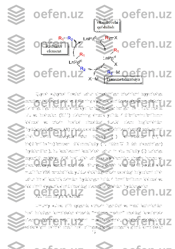 Quyosh   xujayrasi   ilovalari   uchun   almashtirilgan   triazinlarni   tayyorlashga
qaratilgan ishlarda Suzuki va Stille ning siyanurik xloridga asoslangan muftalarini
o'z ichiga olgan bir nechta sintetik yo'llar haqida xabar berilgan [38 ]. Bular orasida
Liu   va   boshqalar.   (2011)   o'zlarining   sintetik   yo'lida   4-difenilaminofenilboron
kislotasi   va   triazin   hosilasi   o'rtasidagi   Suzuki   o'zaro   bog'lanishidan
foydalanganlar.Sxema   8A)   triazin   asosidagi   fotosensibilizatorlarning   prekursorini
olish.   Ushbu   reaksiyada   ular   palladiy   (II)   kompleksidan   ([1,1′-
bis(difenilfosfino)ferrotsen]   dikloropalladiy   (II,   PddppfCl   2   deb   qisqartirilgan)
foydalandilar   ),   bu   katalizatorni   katalizlash   uchun   in   situ   palladiy   (0)   turlariga
qaytarildi.   reaktsiya.   70%   hosil   olish   uchun   asosiy   sharoitlar,   o'rtacha   harorat   va
qisqa   reaktsiya   vaqtlari   etarli   edi.   Shunga   o'xshash   ishda   [39-42],   xuddi   shu
mualliflar  72%  rentabellikda  yulduz shaklidagi   triazin  asosidagi  bo'yoqlarni   olish
uchun bir  xil  katalitik tizimdan foydalangan holda 4-formilfenilboron kislotasi  va
ikki o'rinli siyanurik xlorid o'rtasidagi o'zaro bog'lanishdan foydalanganlar  
2.6. I bob bo’yicha xulosa
Umumiy   xulosa   qilib   aytganda   s-triazin   ligandlari   va   metal   kationlaridan
hosil   boladigan   komplekslar   sintezida   “mehmon-mezbon”   orasidagi   kovolentsiz
o’zaro   ta’sirlarda   metall   ionlarini   muvofiqlashtirish,   substrat   molekulalari
selektivligini   oshirish   orqali   hosil   qilingan   orgona-noorganik   gibrid   komplekslar
19 