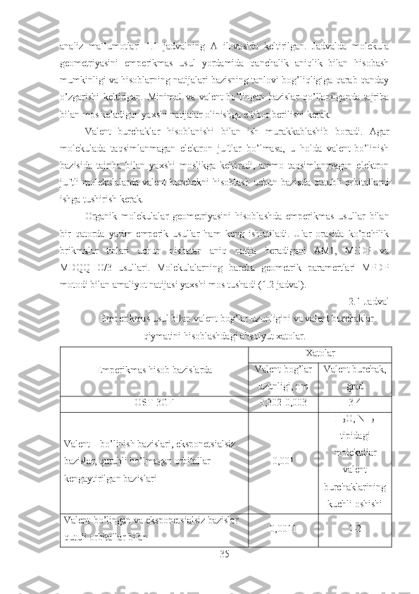 analiz   ma`lumotlari   1.1   jadvalning   A   ilovasida   keltirilgan.   Jadvalda   molekula
geometriyasini   emperikmas   usul   yordamida   qanchalik   aniqlik   bilan   hisobash
mumkinligi va hisoblarning natijalari bazisning tanlovi bog’liqligiga qarab qanday
o’zgarishi   keltirigan.   Minimal   va   valent-bo’lingan   bazislar   qo’llanilganda   tajriba
bilan mos keladigan yaxshi natijalar olinishga e`tibor berilishi kerak.
Valent   burchaklar   hisoblanishi   bilan   ish   murakkablashib   boradi.   Agar
molekulada   taqsimlanmagan   elektron   juftlar   bo’lmasa,   u   holda   valent-bo’linish
bazisida   tajriba   bilan   yaxshi   moslikga   keltiradi,   ammo   taqsimlanmagan   elektron
juftli  molekulalarda valent  burchakni  hisoblash  uchun bazisda  qutubli  orbitallarni
ishga tushirish kerak. 
Organik   molekulalar   geometriyasini   hisoblashda   emperikmas   usullar   bilan
bir   qatorda   yarim   emperik   usullar   ham   keng   ishlatiladi.   Ular   orasida   ko’pchilik
brikmalar   tiplari   uchun   nisbatan   aniq   natija   beradigani   AM1,   MPDP   va
MDQQHO/3   usullari.   Molekulalarning   barcha   geometrik   paramertlari   MPDP
motodi bilan amaliyot natijasi yaxshi mos tushadi ( 1.2 jadval ).
2.1-Jadval
Emperikmas usul bilan valent bog’lar uzunligini va valent burchaklar
qiymatini hisoblashdagi absolyut xatolar.
Emperikmas   hisob   bazislarda Xatolar
Valent   bog ’ lar
uzunligi ,  nm Valent burchak,
grad
OST-3GF 0,002-0,003 3-4
Valent – bo’linish bazislari, eksponetsialsiz 
bazislar, qutubli bo’lmagan orbitallar 
kengaytirilgan bazislari 0,001 H
2 O, NH
3
tipidagi
molekullar
valent
burchaklarining
kuchli oshishi
Valent-bo’lingan va eksponetsialsiz bazislar 
qutuli orbitallar bilan 0,0011 1-2
35 