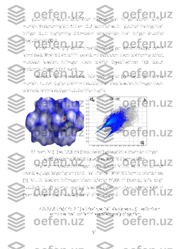 OH   guruhlarining   valent   tebranishlari   hisobiga   hosil   bo lganliklariani   ko rishʼ ʼ
mumkin. Spektrlarning 900-600 sm -1
 Cu 2+
 kationlari va OH guruhlari hisobiga hosil
bo lgan   Cu-O   bog larining   difarmatsion   tebranishidan   hosil   bo lgan   chuqqilar	
ʼ ʼ ʼ
mavjudligi aniqlandi.
s-triazin   va   Ni   (II)   kationi   o'rtasida   hosil   bo'lgan   supramolekulyar   tizimli
kompleksda Xirshfeld sirt tahlili   asosida molekulalararo o'zaro ta'sirlarning tabiati,
murakkab   kovalent   bo'lmagan   o'zaro   ta'sirlar   CrystalExplorer   17,5   dasturi
yordamida o’rganildi (3.4-rasm).
Rasmdan   d(norm)   xaritasida   ba'zi   qizil   dog'lar   (a)   mavjudligini   ko’rish
mumkin. Bu qizil dog'lar qo'shni molekulalar bilan qisqa kovalent bo'lmagan o'zaro
ta'sirlarda ishtirok etadigan hududlar bilan bog'liq. 
3.4-rasm. Ni (II) va 1,3,5-tris-(betta oksietil) geksagidro-s-triazindan olingan
komplekslarning Xirshfeld yuzasi va Xirshfeld barmoq izlari
Eng   muhim   kovalent   bo'lmagan   o'zaro   ta'sirlar   Ni….O   va   O….H   atomlari
orasida vujudga kelganligi aniqlandi. Ikki o’lchovli Xirshfeld barmoq izlaridan esa
(b)   Ni….O   kovalent   bo’lmagan   o’zaro   ta’sirlar   64,8%   ni   (rasmda;   ko’k   rangli
hududlar),   O….H   atomlar   orasidagi   kovalent   bo’lmagan   o’zaro   ta’sirlar   8,8%   ni
(rasmda; rangsiz rangli hududlar) tashkil qilishi aniqlandi.
4.2. 2,4,6-tris(pirid-2-il)-s-triazin, salitsil kislota  va cu (II kationidan
kompleks hosil bo‘lishini kvant kimyoviy o’rganish
51 